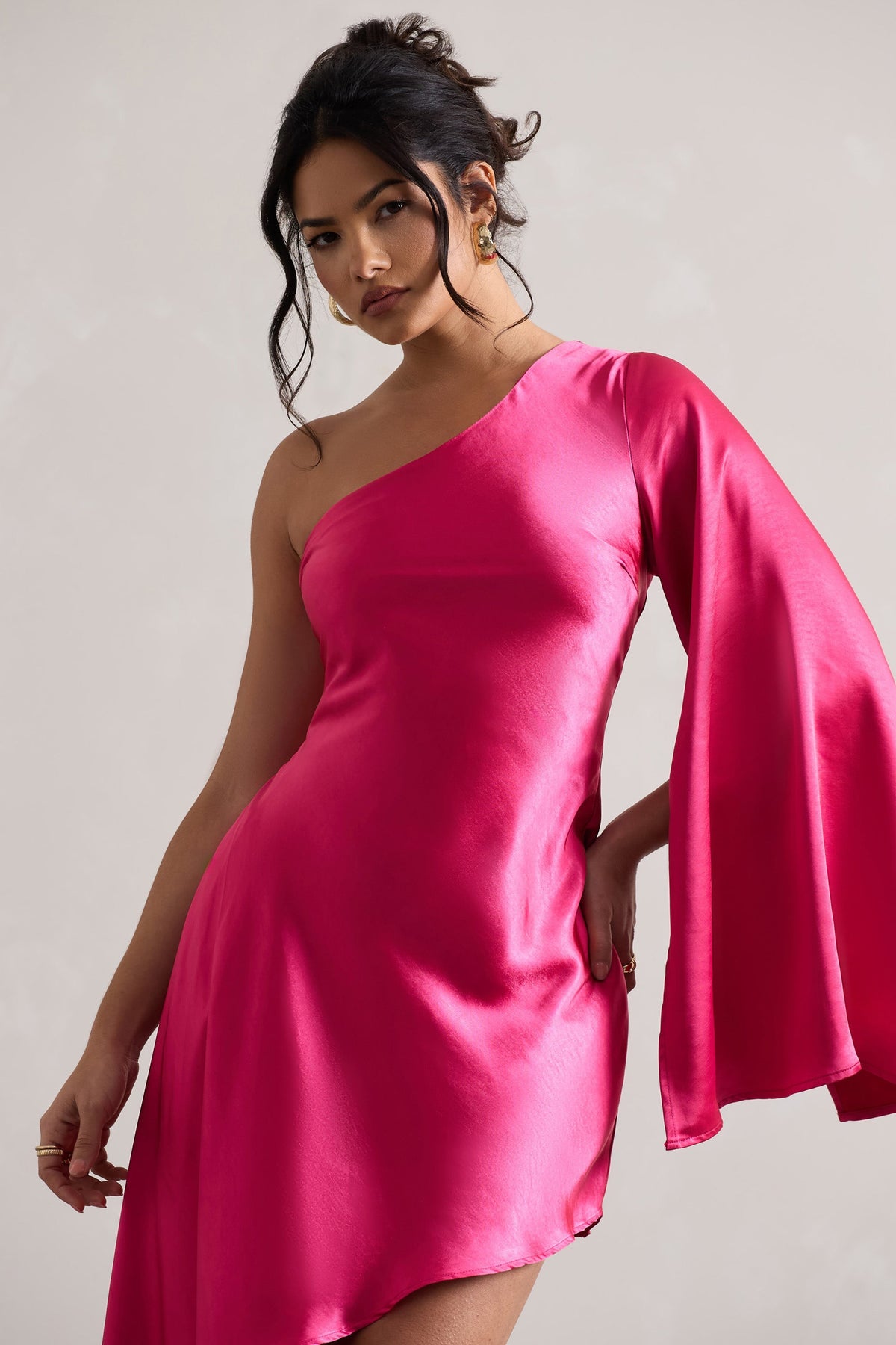 Hanna | Hot Pink Asymmetric Draped Satin Mini Dress