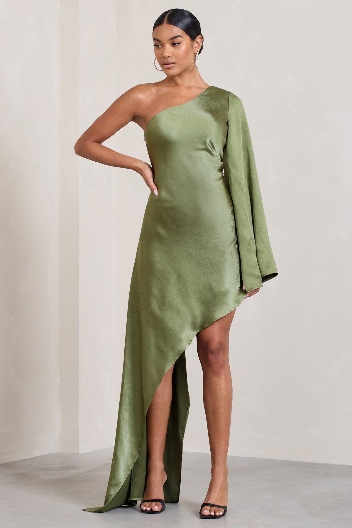 Hanna | Olive Asymmetric Draped Satin Mini Dress