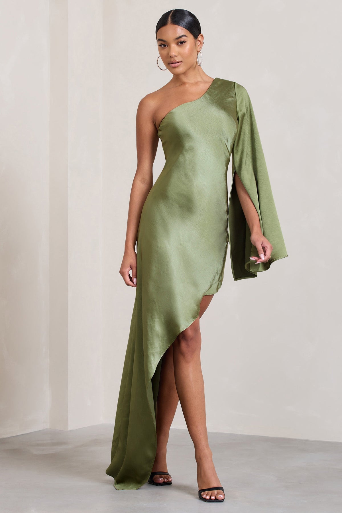 Hanna | Olive Asymmetric Draped Satin Mini Dress