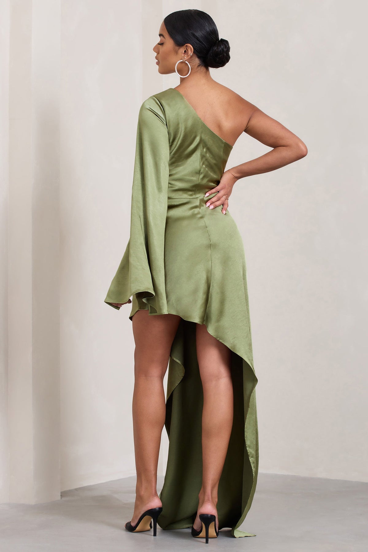 Hanna | Olive Asymmetric Draped Satin Mini Dress