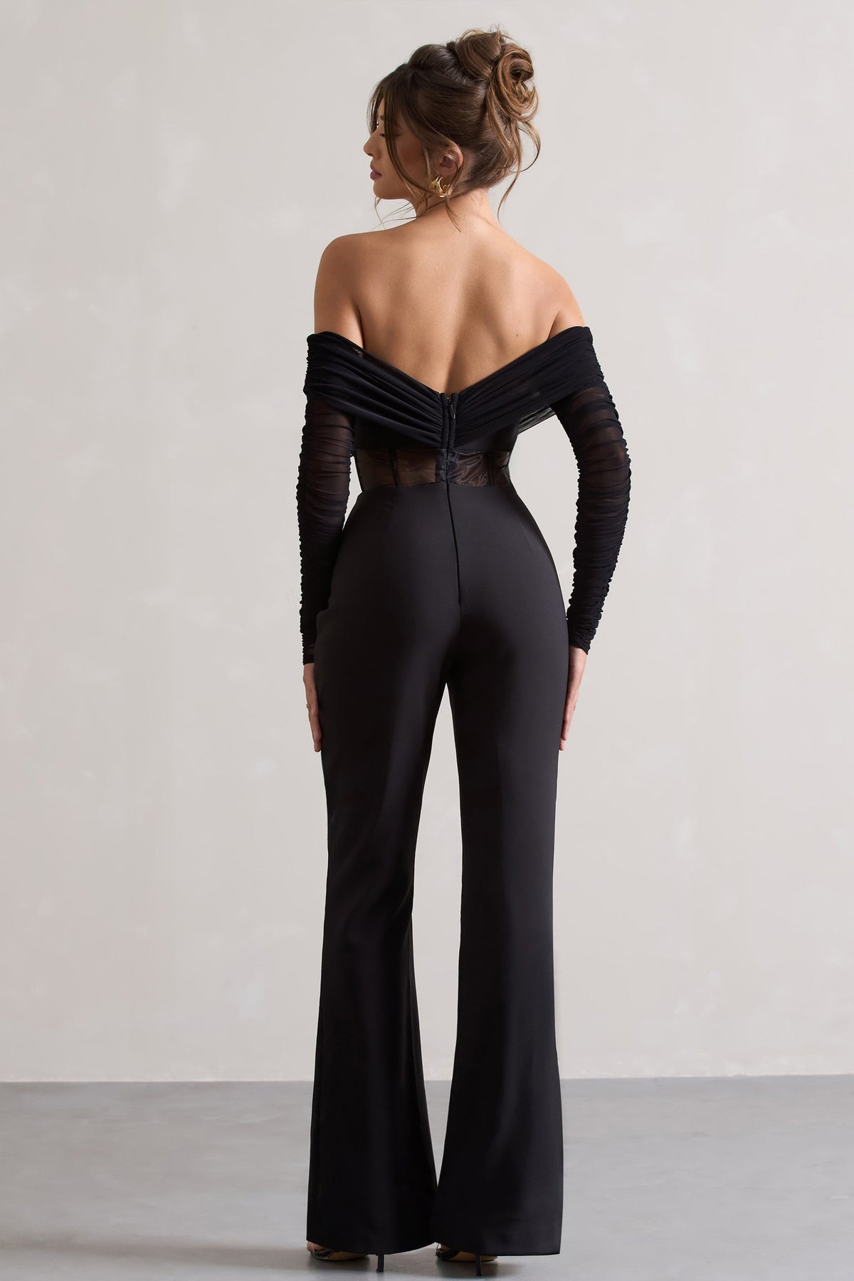 Into The Night | Black Sheer Bardot Long-Sleeved Corset Jumpsuit