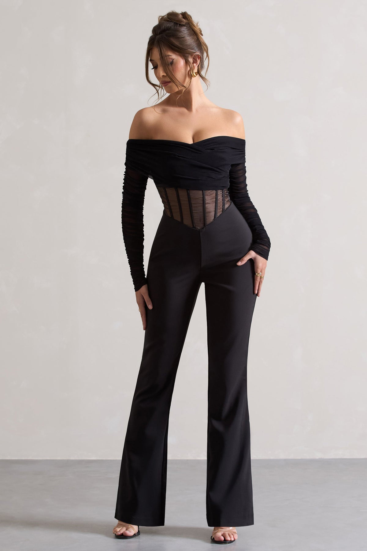 Into The Night | Black Sheer Bardot Long-Sleeved Corset Jumpsuit