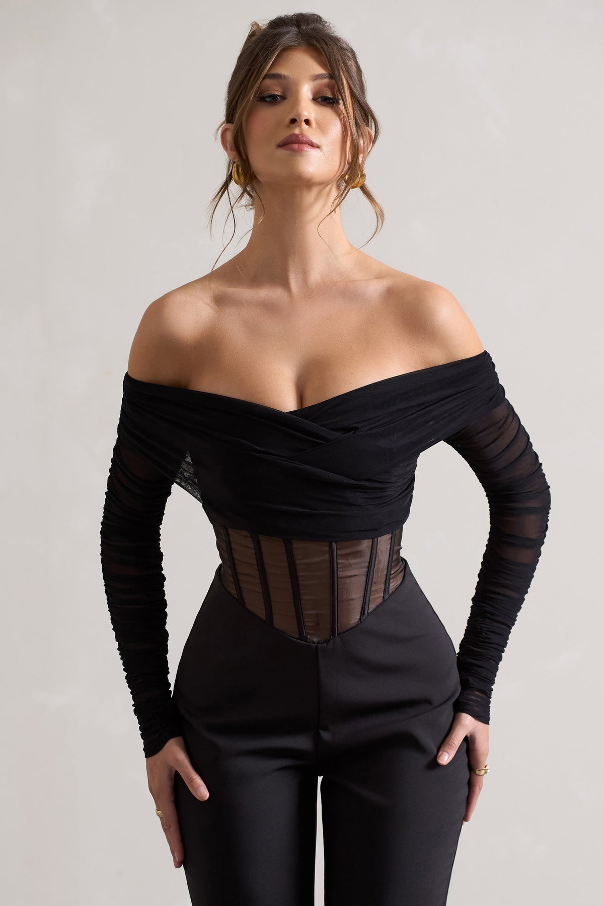 Into The Night | Black Sheer Bardot Long-Sleeved Corset Jumpsuit