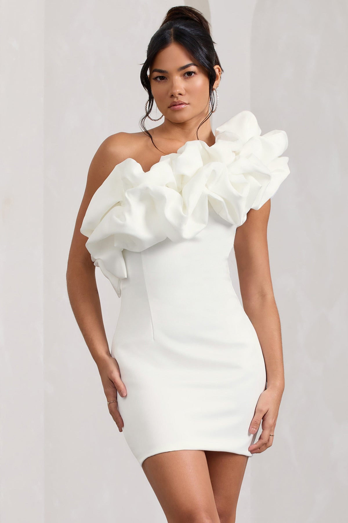 At The Opera | White Satin Asymmetric Ruffled Mini Dress