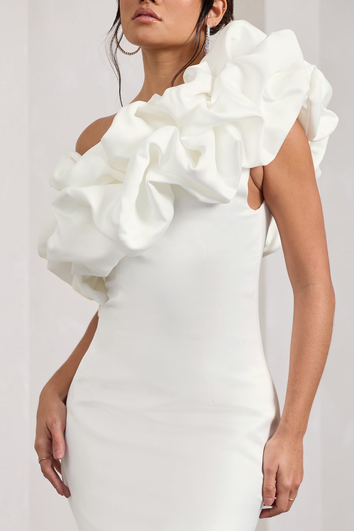 At The Opera | White Satin Asymmetric Ruffled Mini Dress