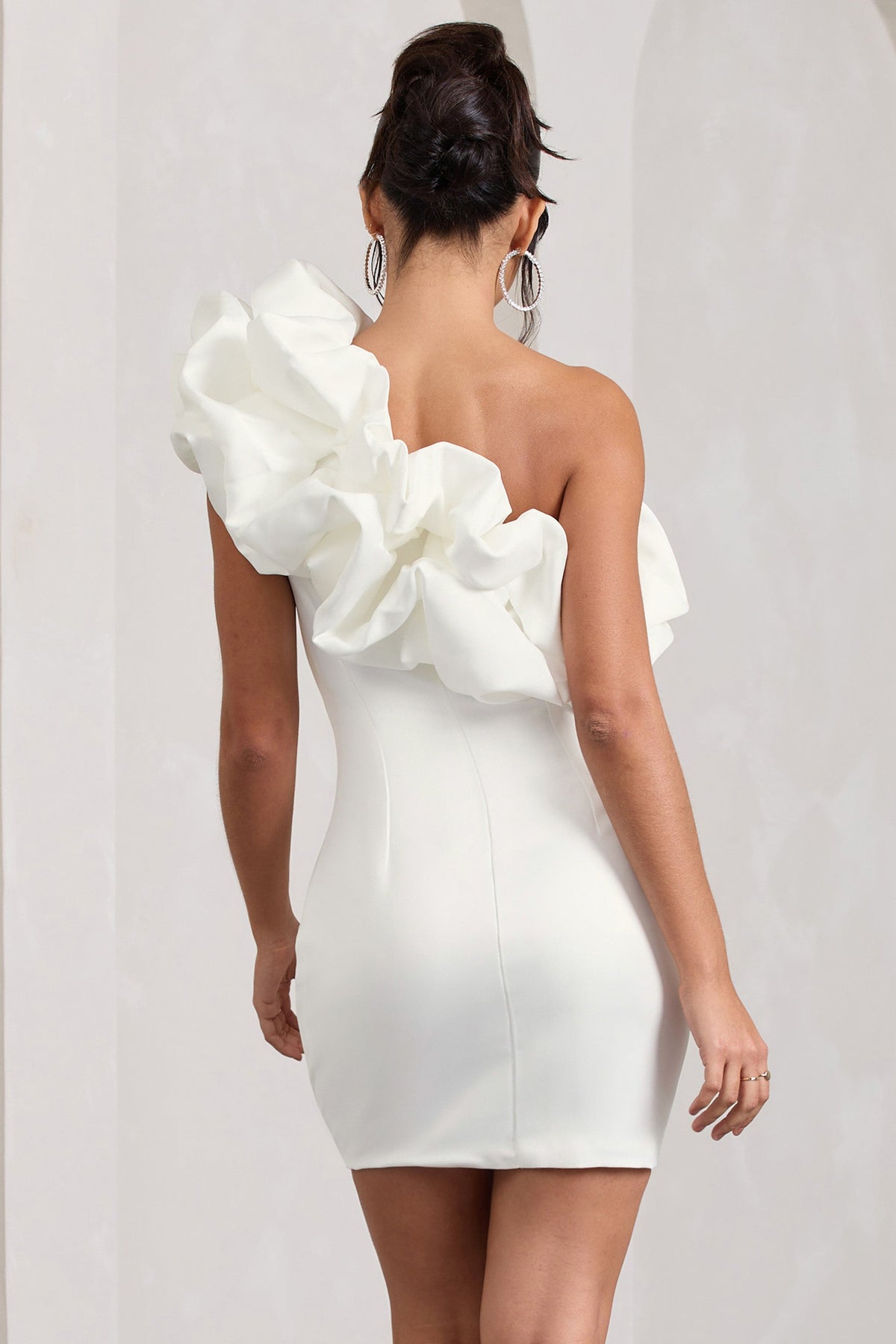 At The Opera | White Satin Asymmetric Ruffled Mini Dress