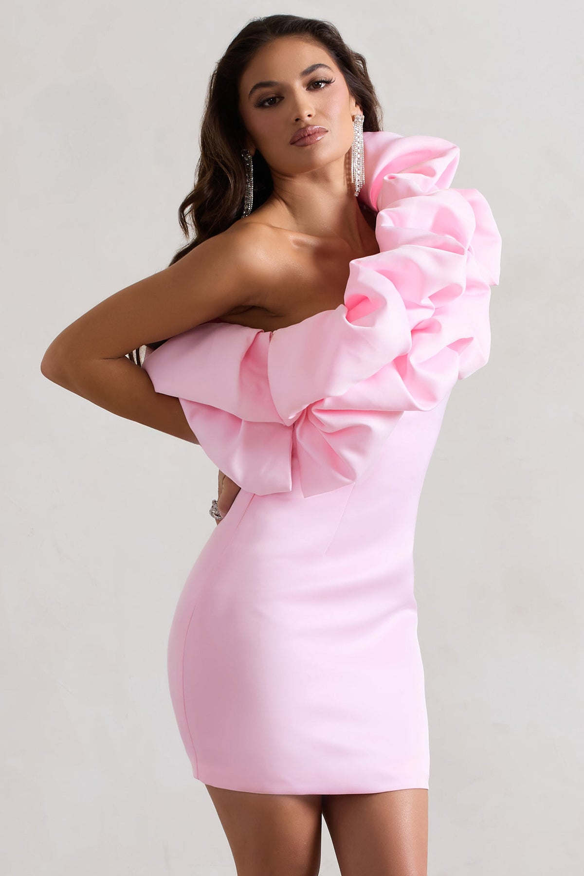 At The Opera | Pink Satin Asymmetric Ruffled Mini Dress