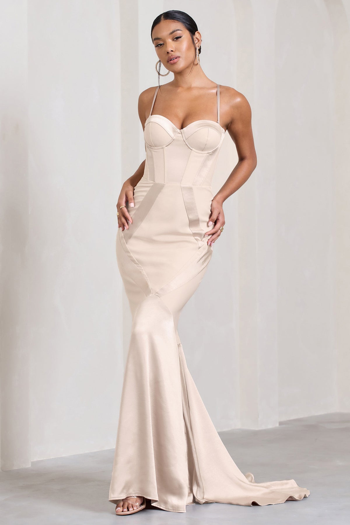 Custom | Champagne Satin Sweetheart Corset Fishtail Maxi Dress