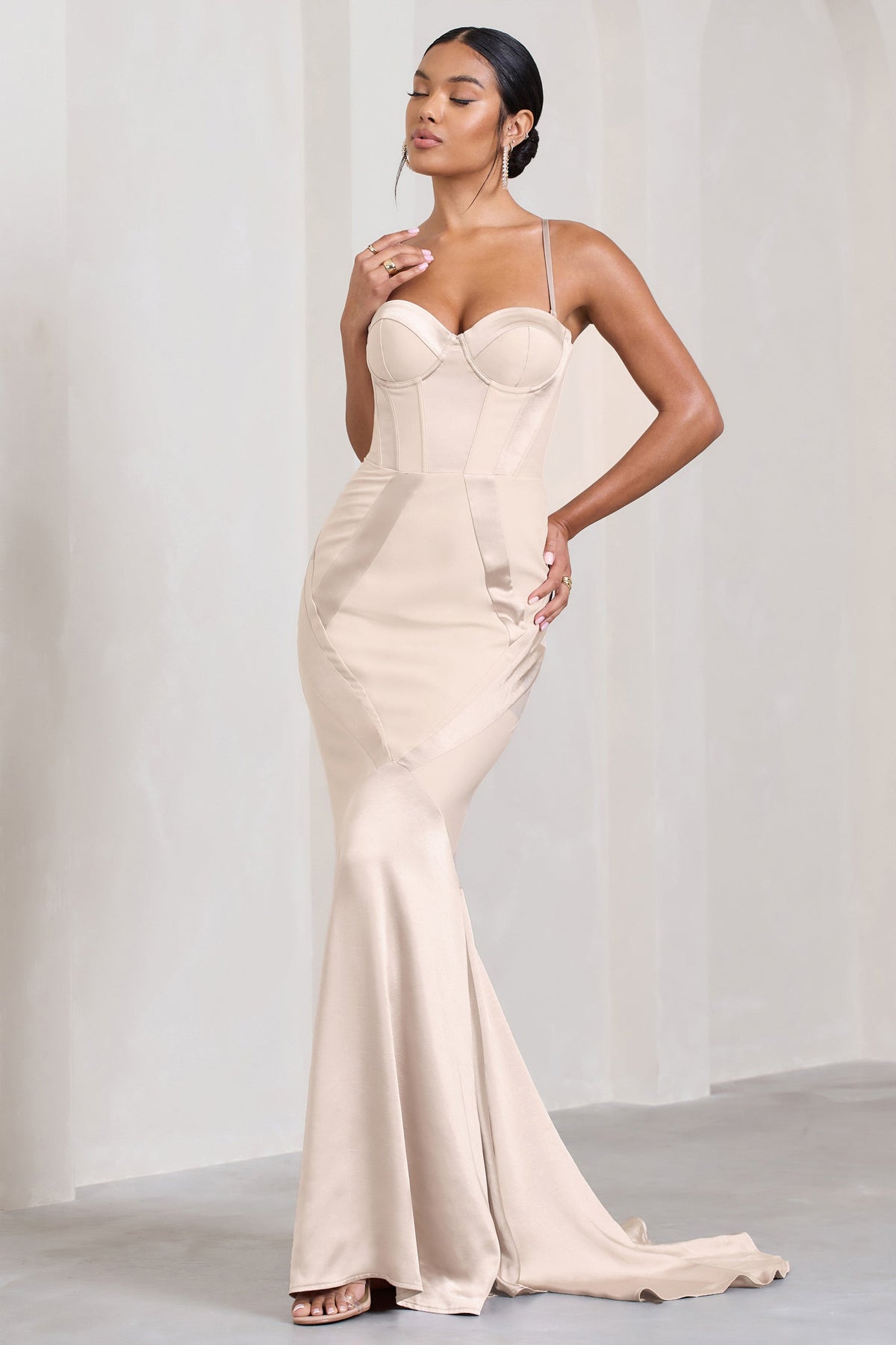 Custom | Champagne Satin Sweetheart Corset Fishtail Maxi Dress