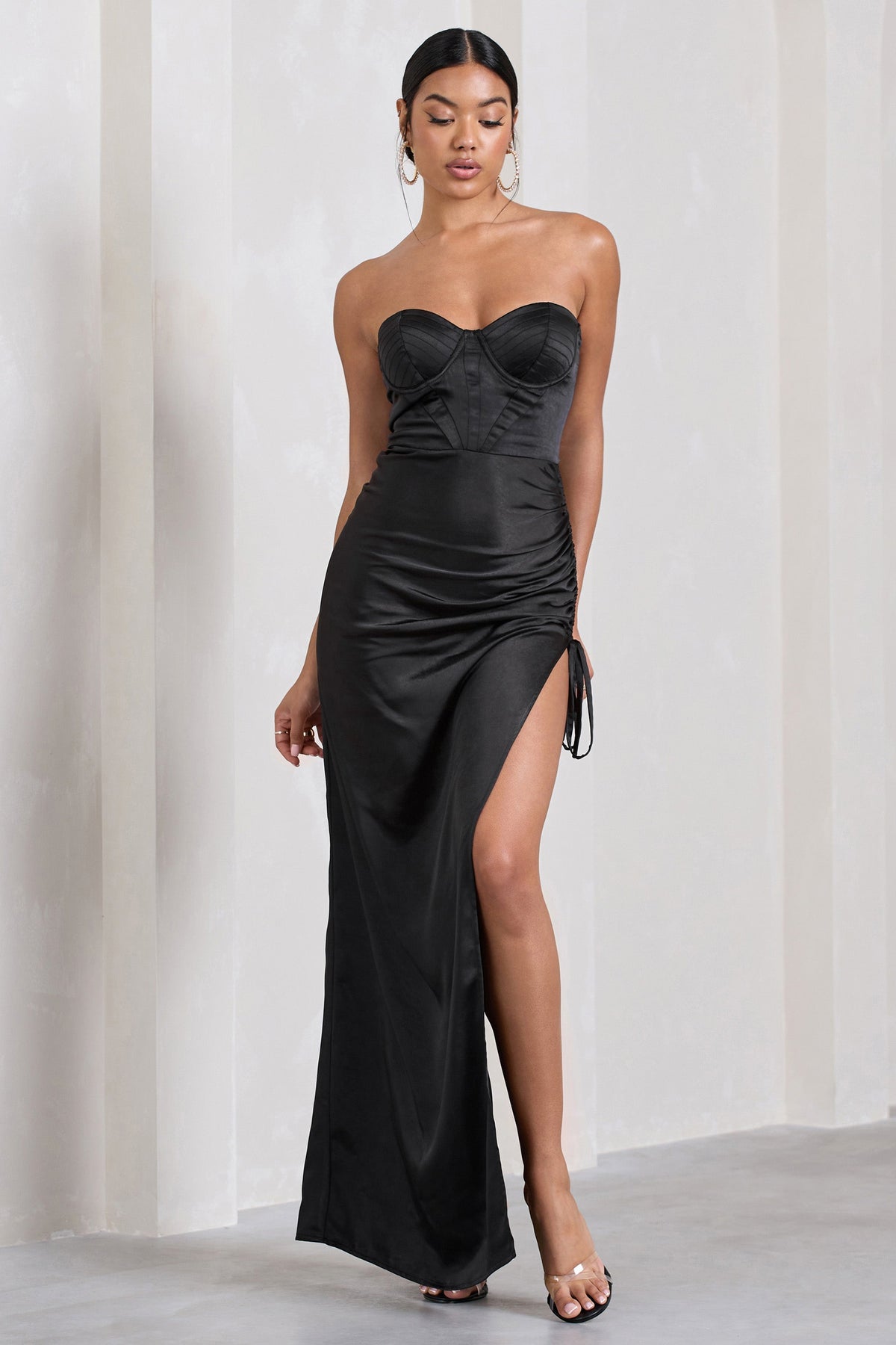 Expose | Black Satin Sweetheart Corset Asymmetric Maxi Dress