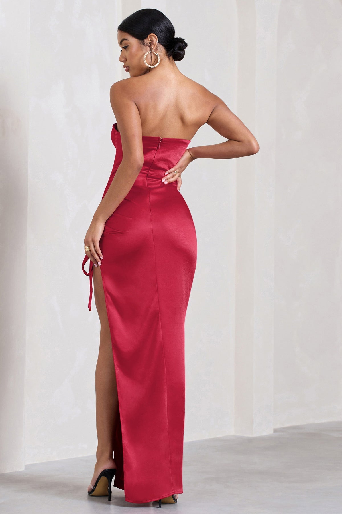 Expose | Red Satin Sweetheart Corset Asymmetric Maxi Dress