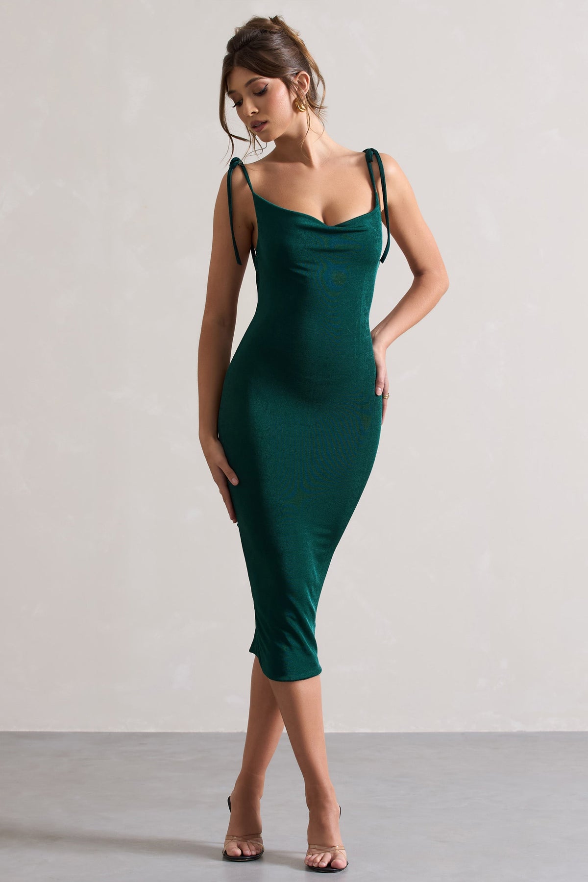 Irina | Bottle Green Cowl-Neck Bodycon Midi Dress
