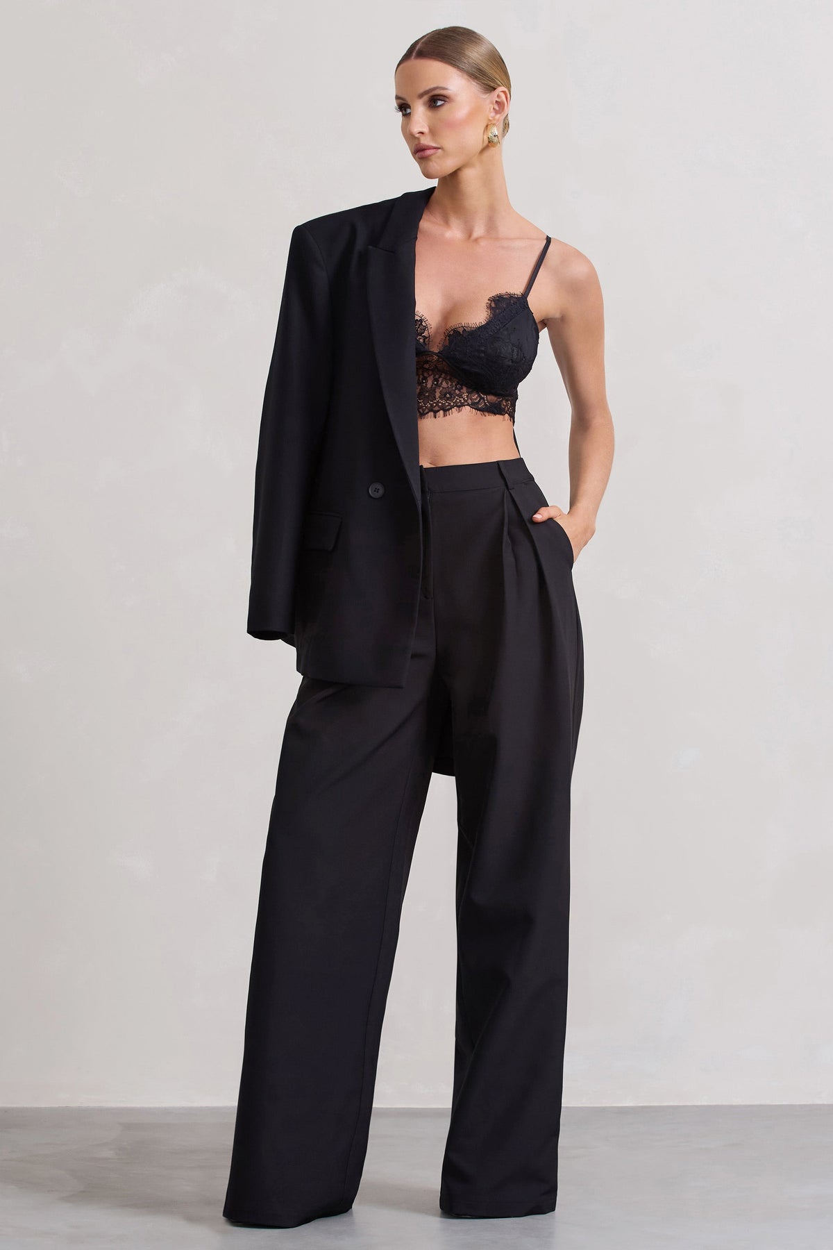 Raina | Black High Waist Pleated Wide-Leg Trousers