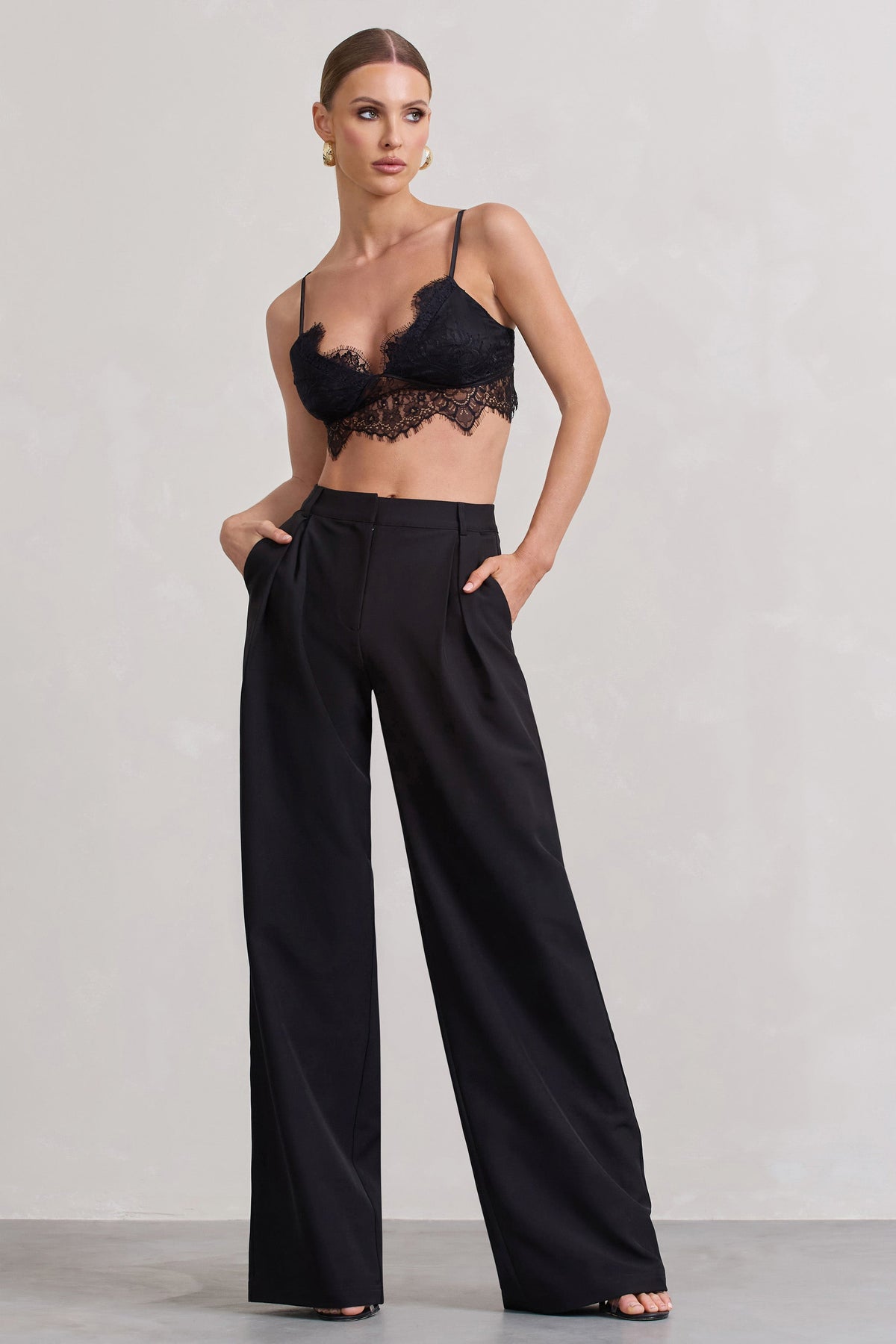 Raina | Black High Waist Pleated Wide-Leg Trousers