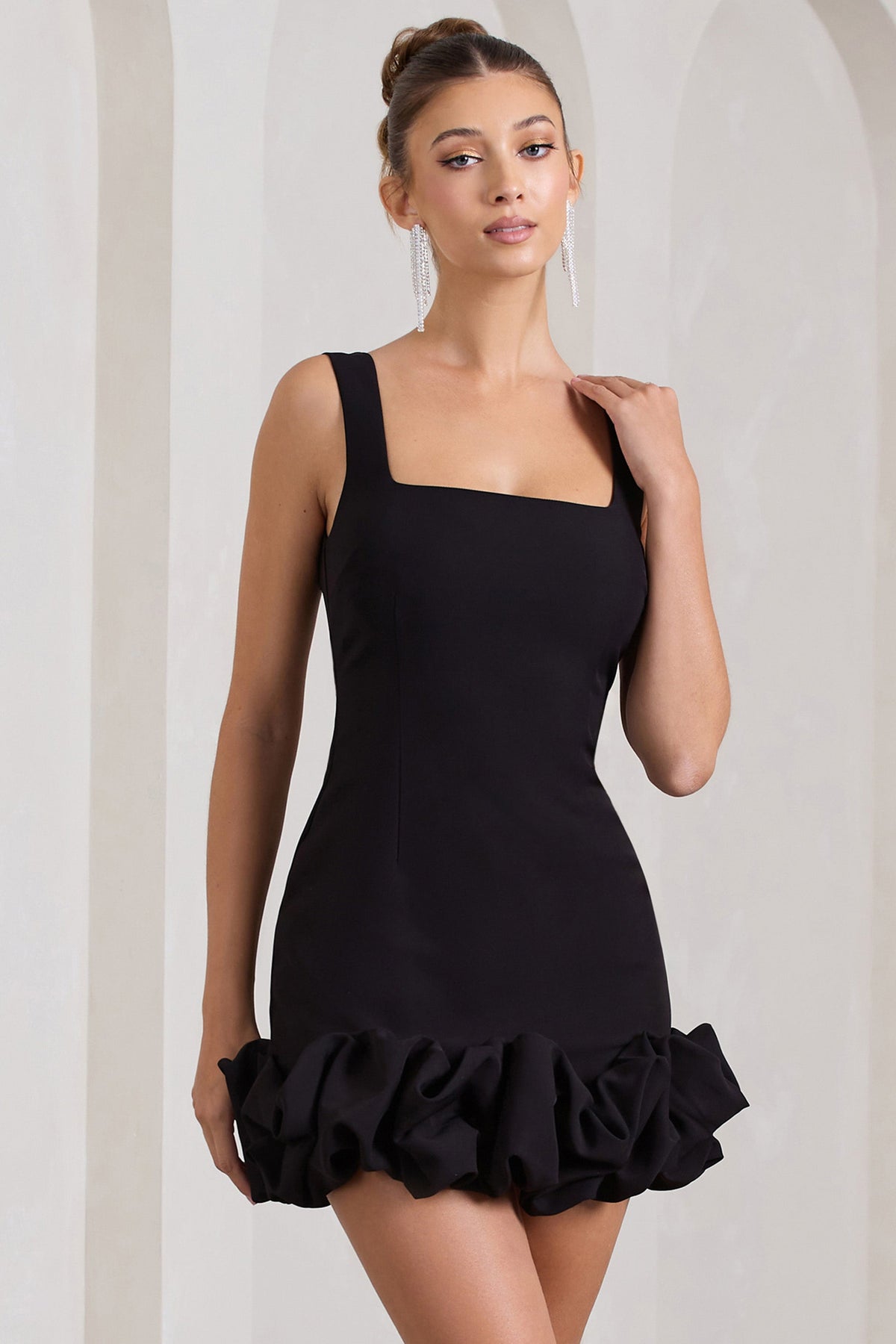 Lucy Black Strappy Mini Dress With Ruffle Trim Club L London - SA Lucy Black Strappy Mini Dress With Ruffle Trim Club L London - SA