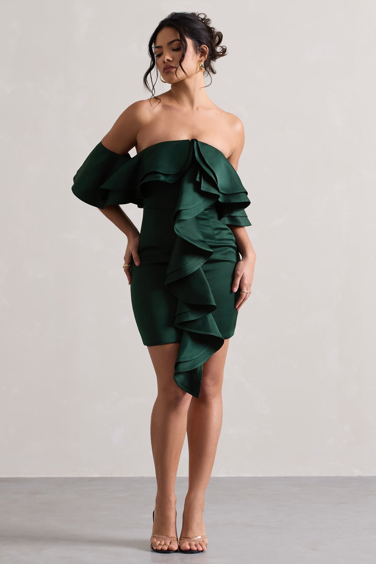 Aspen | Bottle Green Bardot Mini Dress With Ruffles