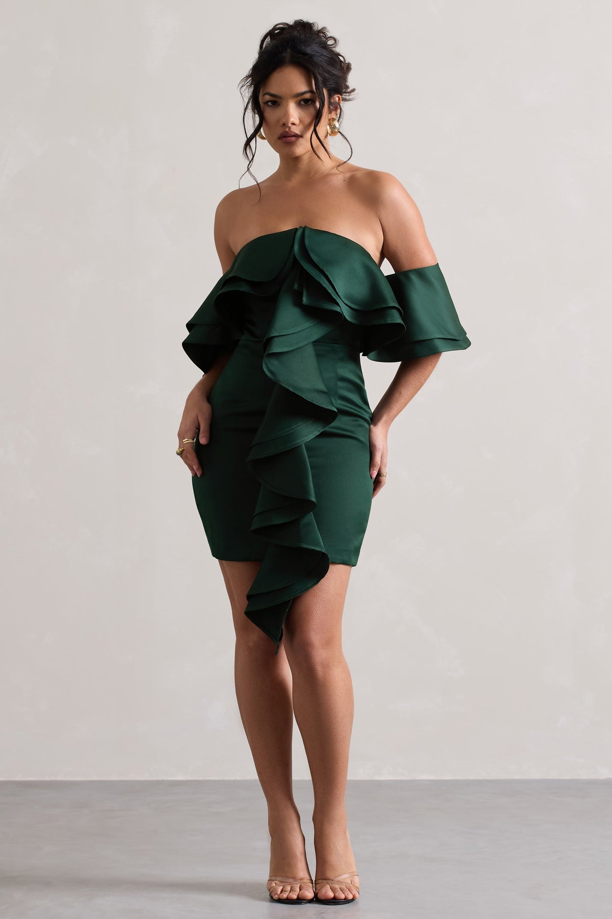 Aspen | Bottle Green Bardot Mini Dress With Ruffles