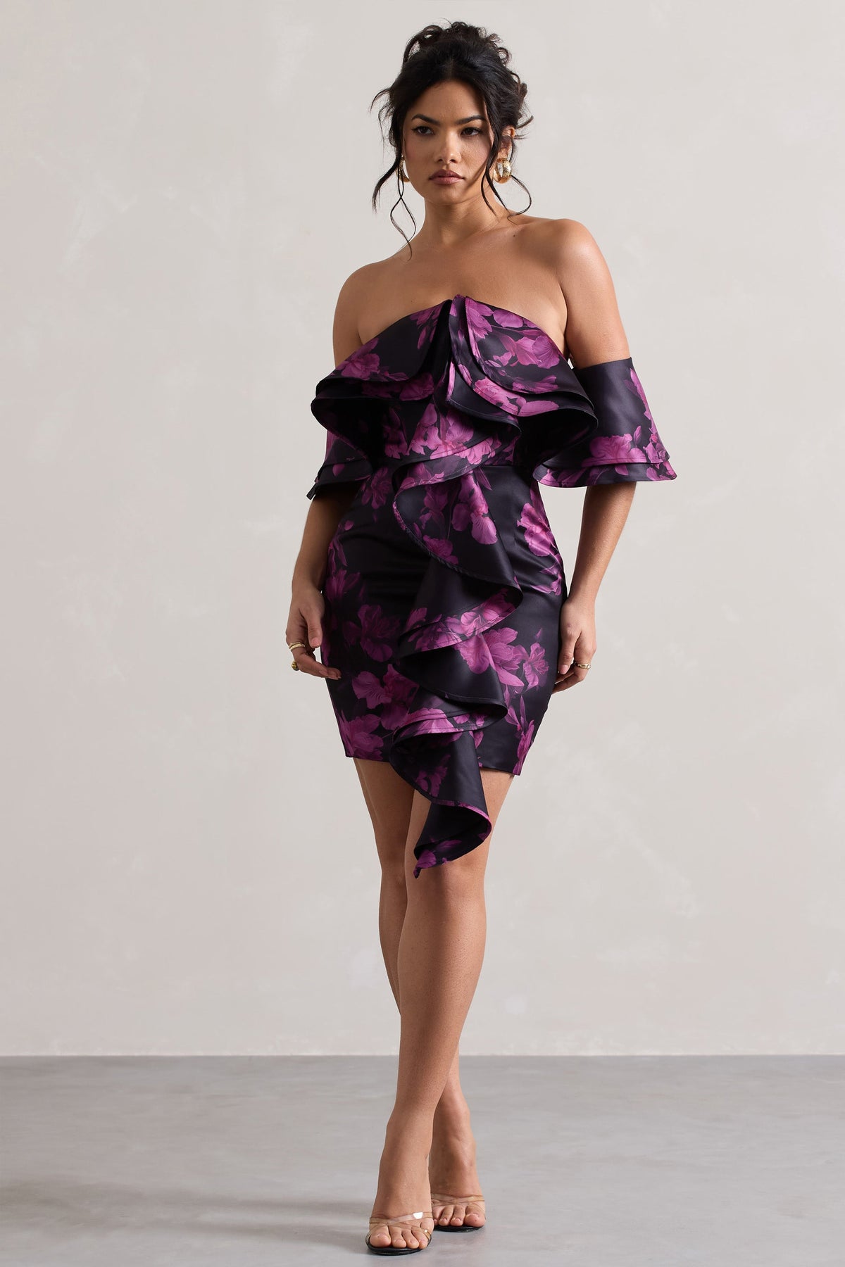 Aspen | Black Floral Print Bardot Mini Dress With Ruffles