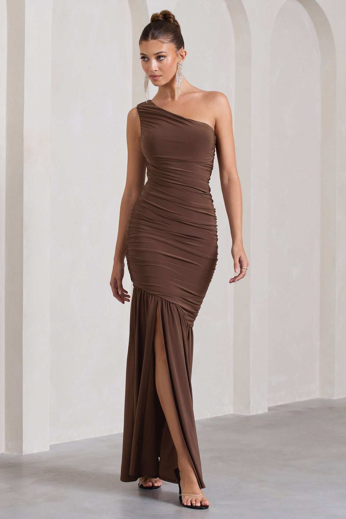 The Limelight | Chocolate Asymmetric Ruched Fishtail Maxi Dress