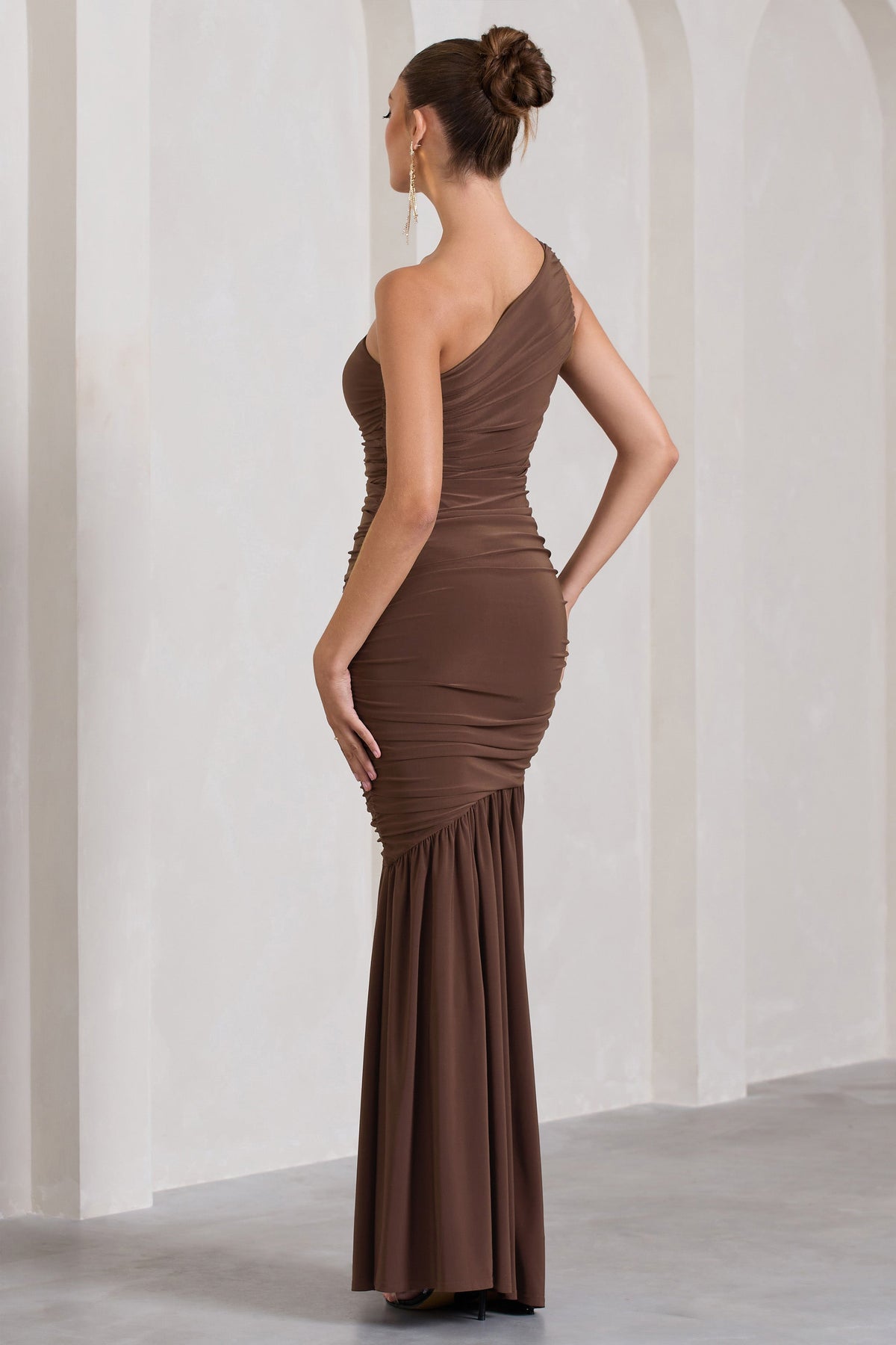 The Limelight | Chocolate Asymmetric Ruched Fishtail Maxi Dress