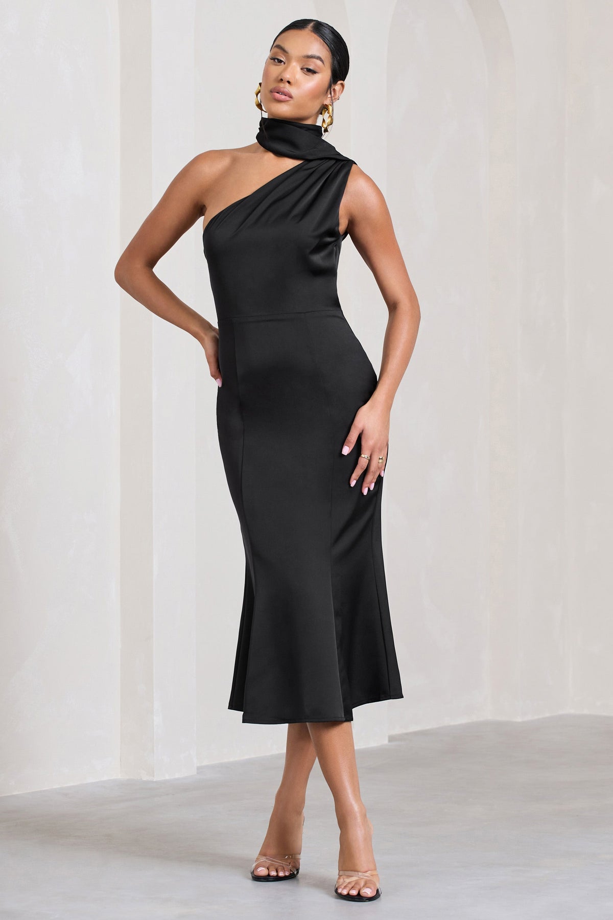 Golden Girl | Black Satin Asymmetric High-Neck Flared Midi Dress