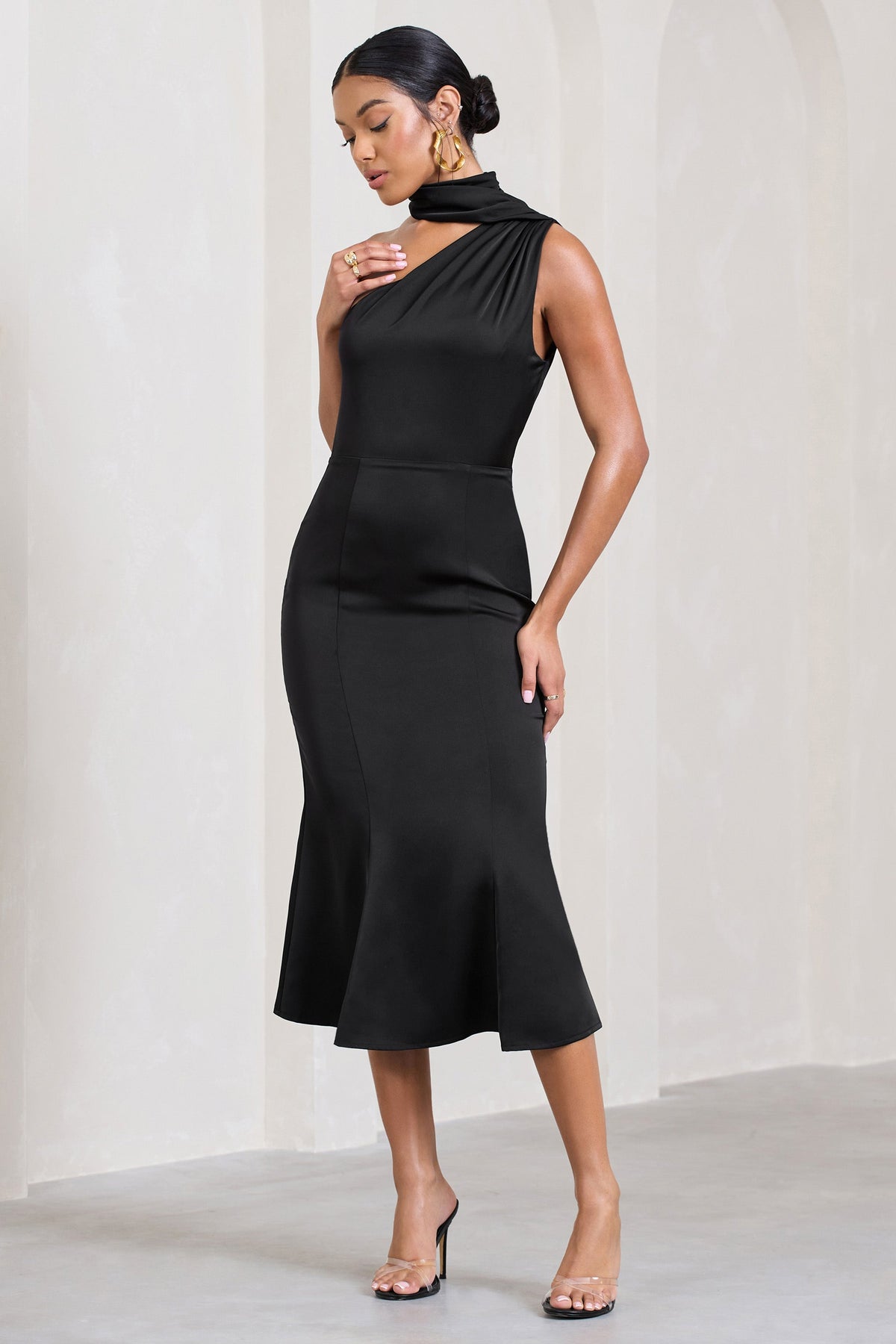 Golden Girl | Black Satin Asymmetric High-Neck Flared Midi Dress