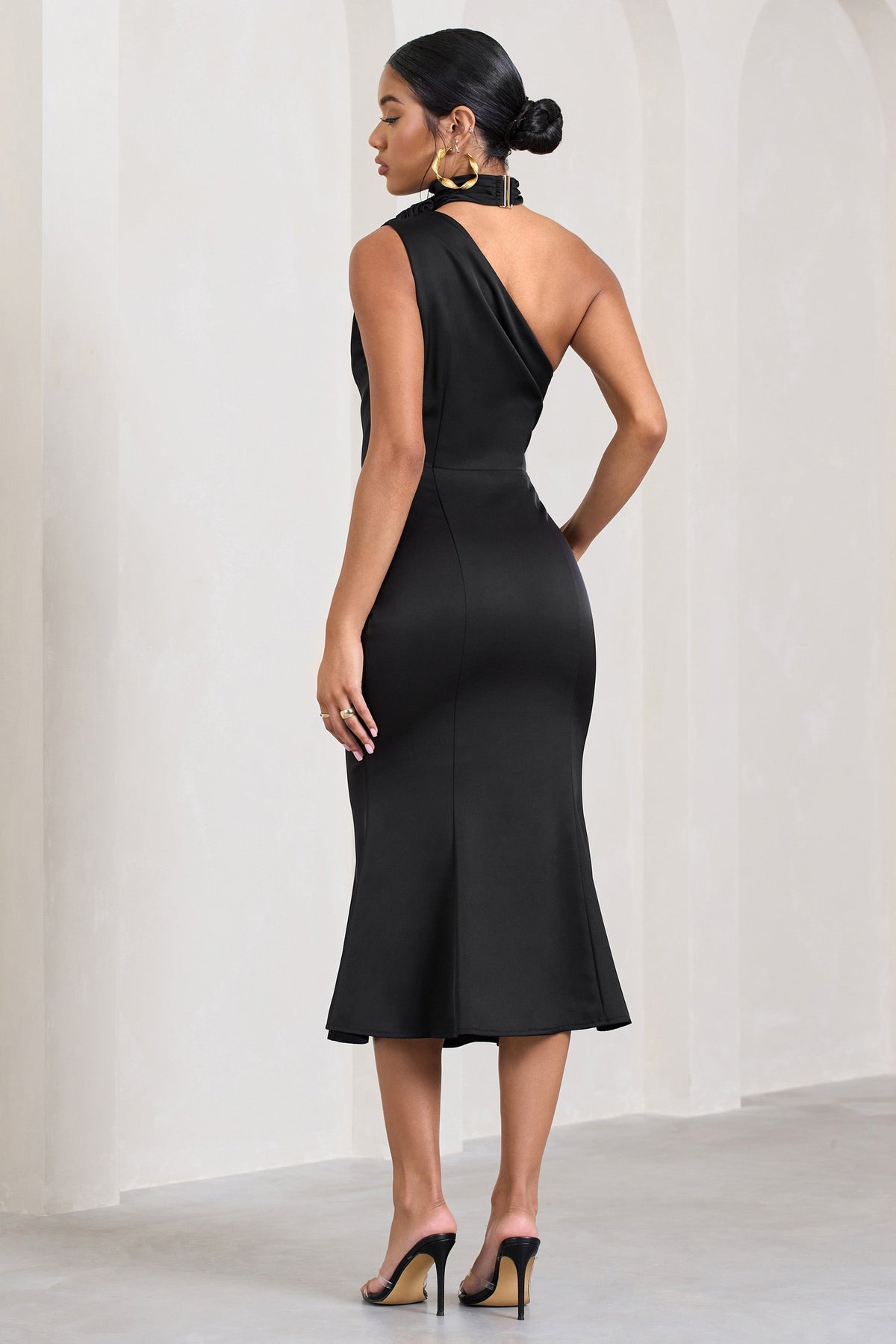 Golden Girl | Black Satin Asymmetric High-Neck Flared Midi Dress