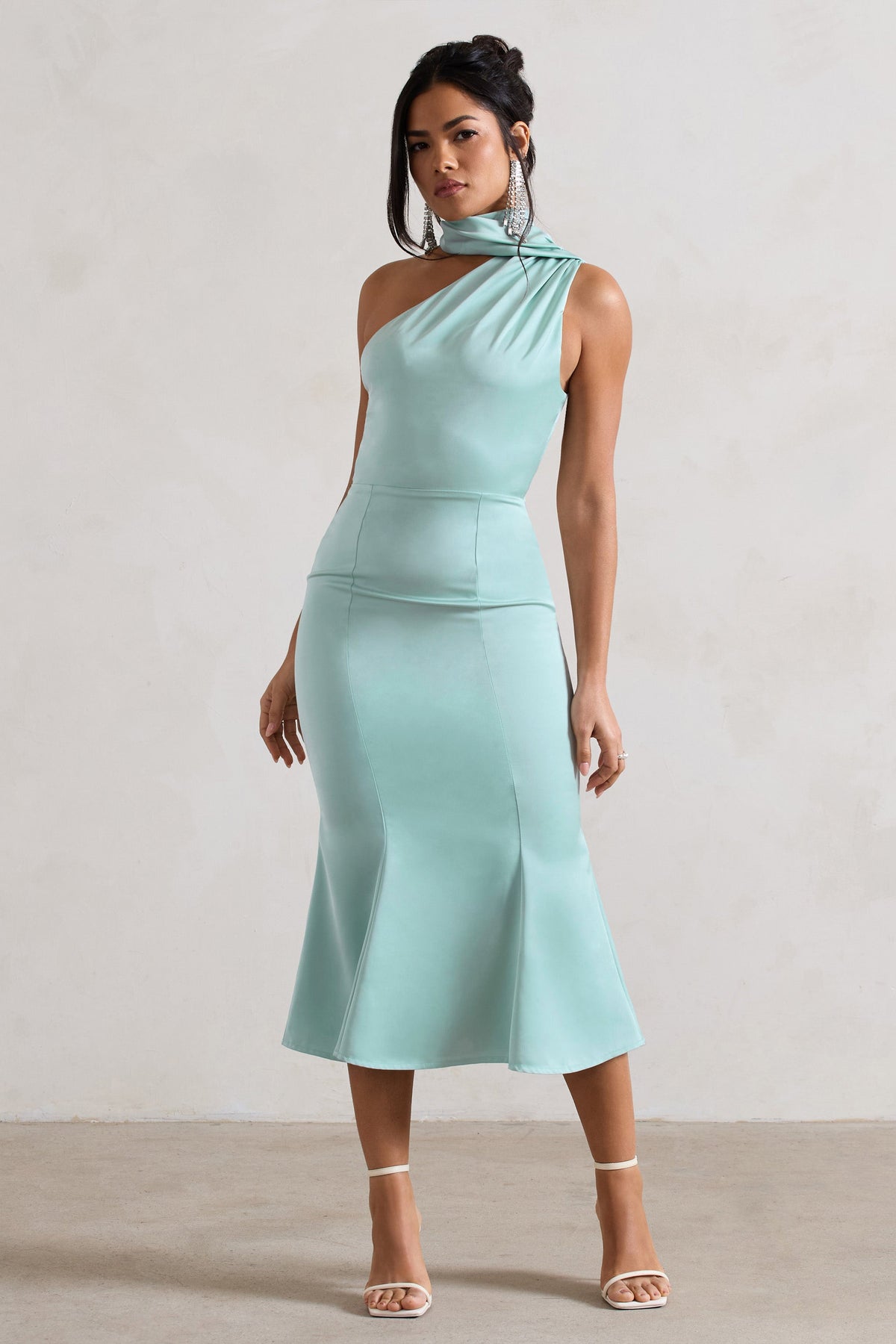 Golden Girl | Mint Satin Asymmetric High-Neck Flared Midi Dress