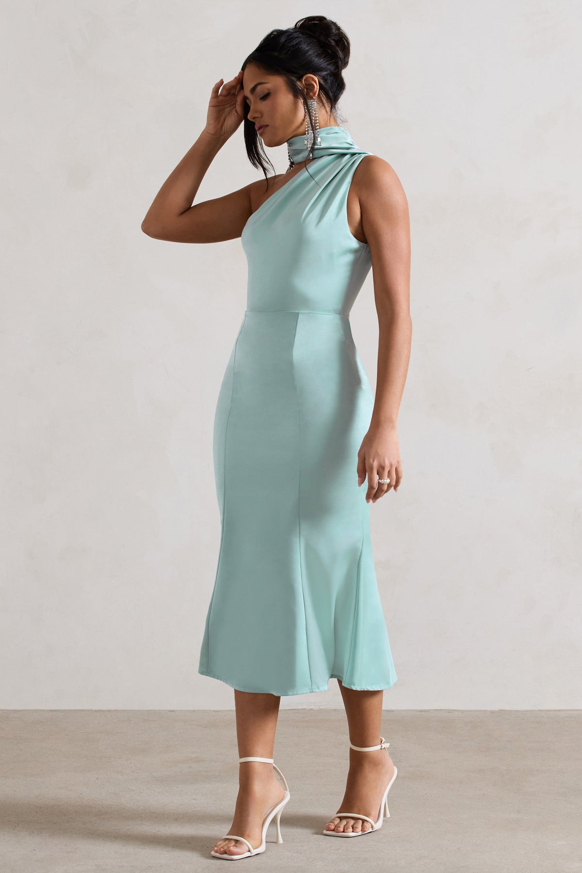 Golden Girl | Mint Satin Asymmetric High-Neck Flared Midi Dress