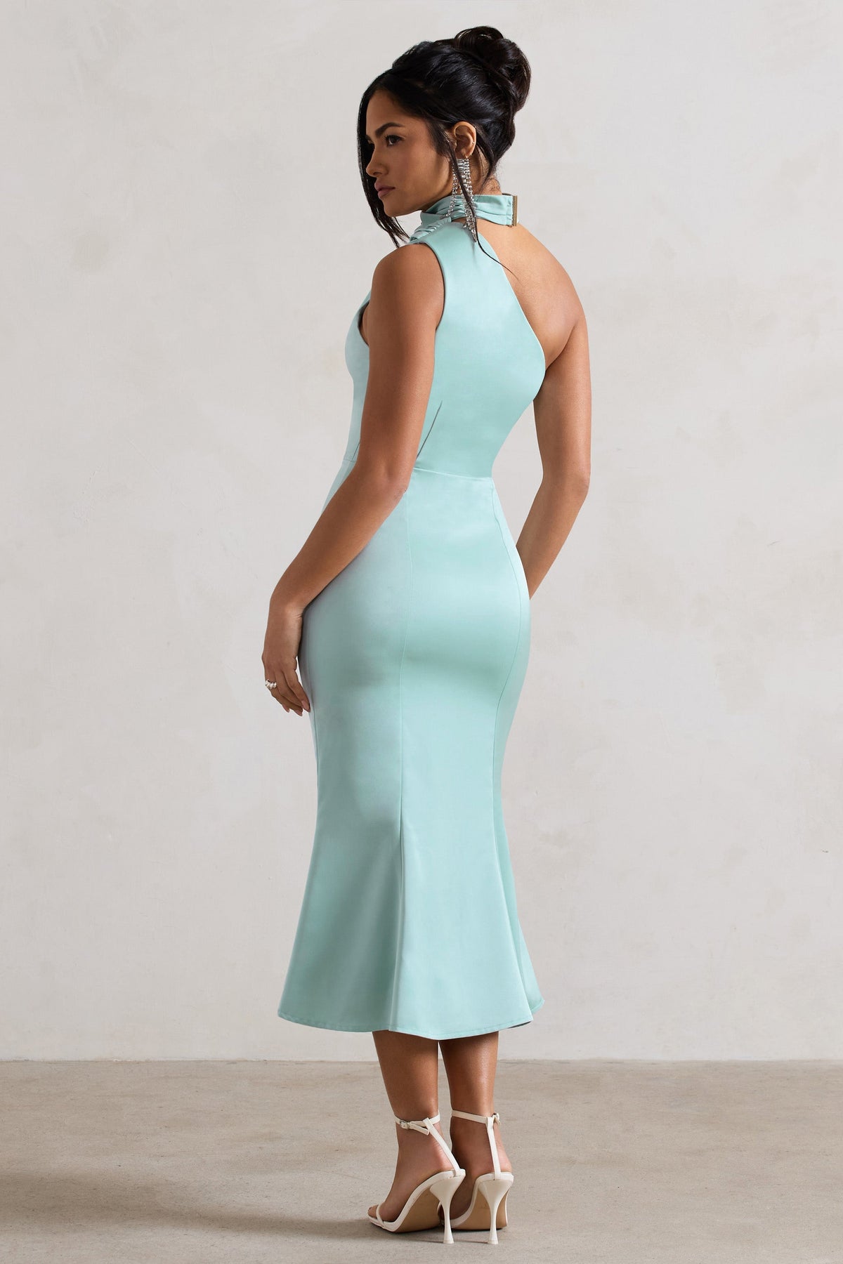 Golden Girl | Mint Satin Asymmetric High-Neck Flared Midi Dress