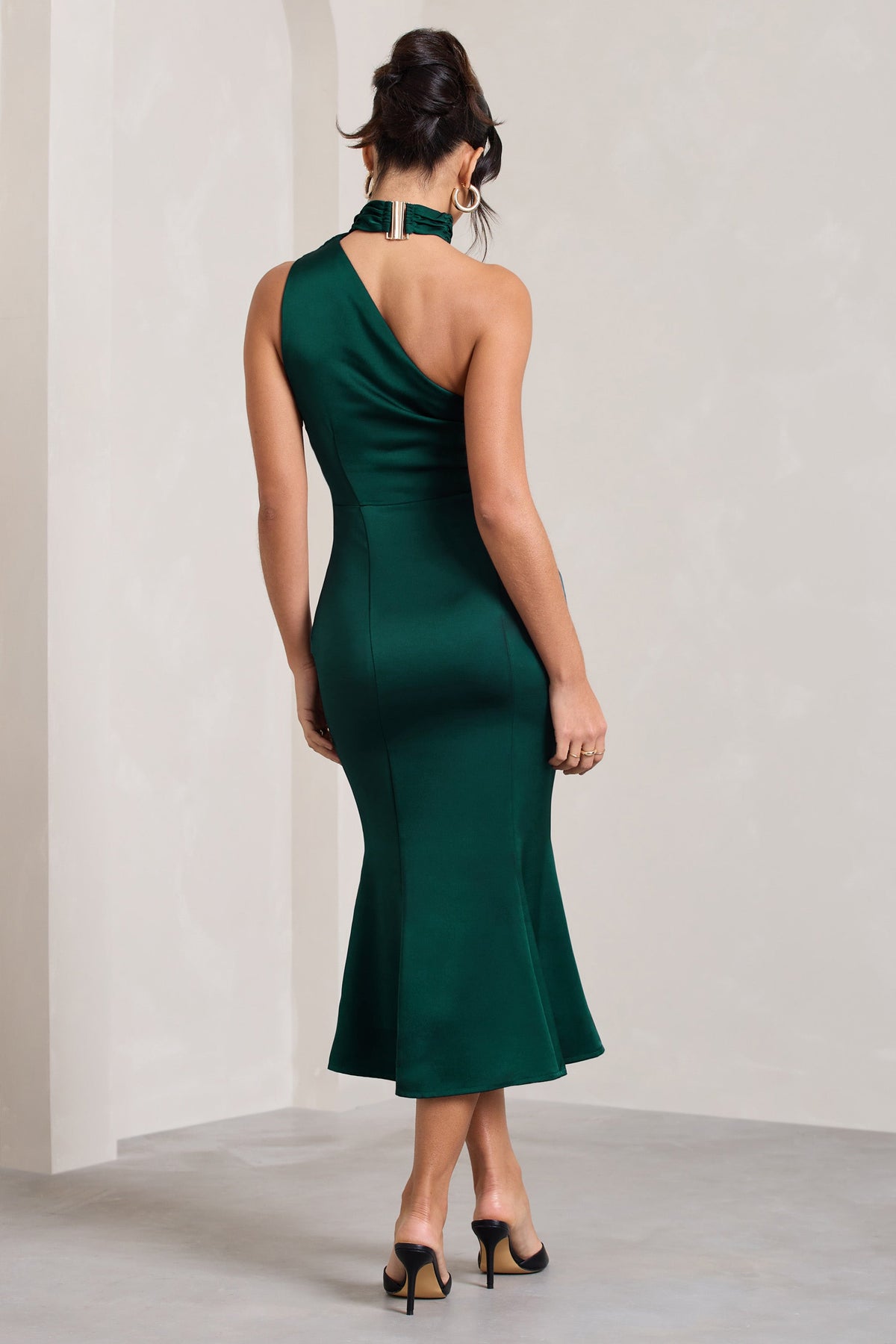 Golden Girl | Bottle Green Satin Asymmetric High-Neck Flared Midi Dress