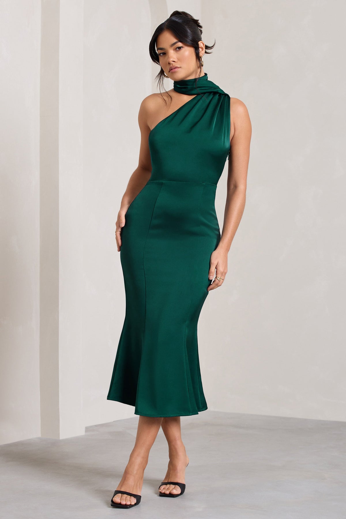 Golden Girl | Bottle Green Satin Asymmetric High-Neck Flared Midi Dress