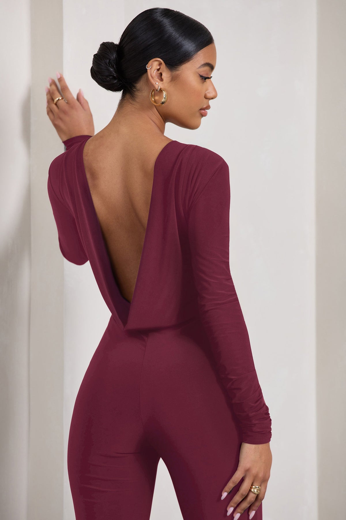 Lana | Burgundy Long-Sleeved Flared-Leg Jumpsuit