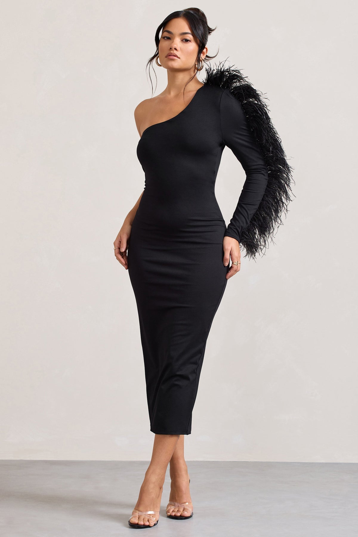 Wild One Black One-Shoulder Bodycon Midi Dress With Feather-Trimmed Club L London - SA Wild One Black One-Shoulder Bodycon Midi Dress With Feather-Trimmed Club L London - SA