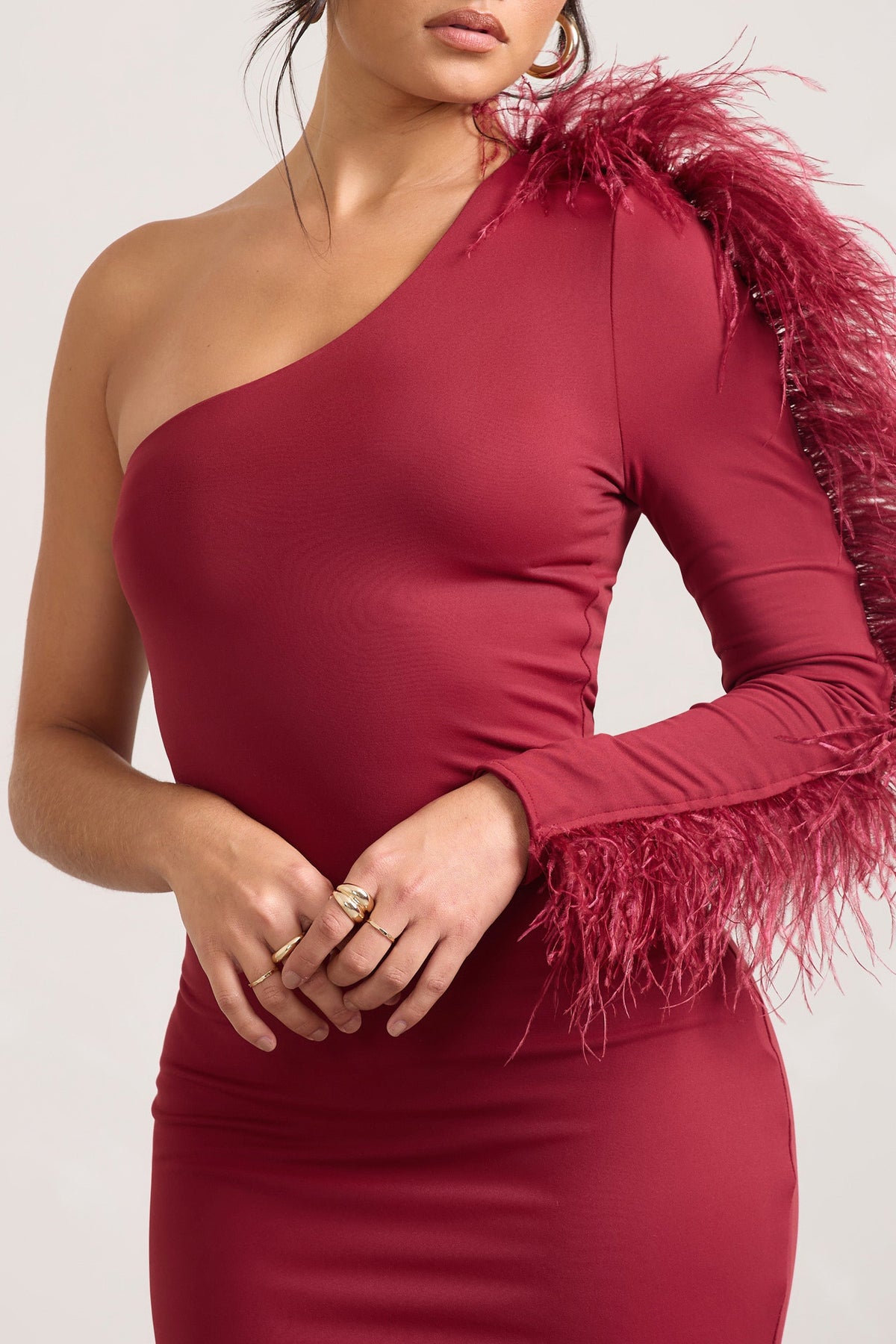 Wild One | Burgundy One-Shoulder Bodycon Midi Dress With Feather-Trimmed Sleeve