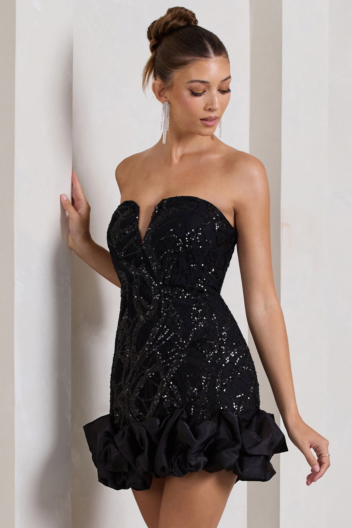 Nadia | Black Sequin Strapless Mini Dress With Ruffle Trim