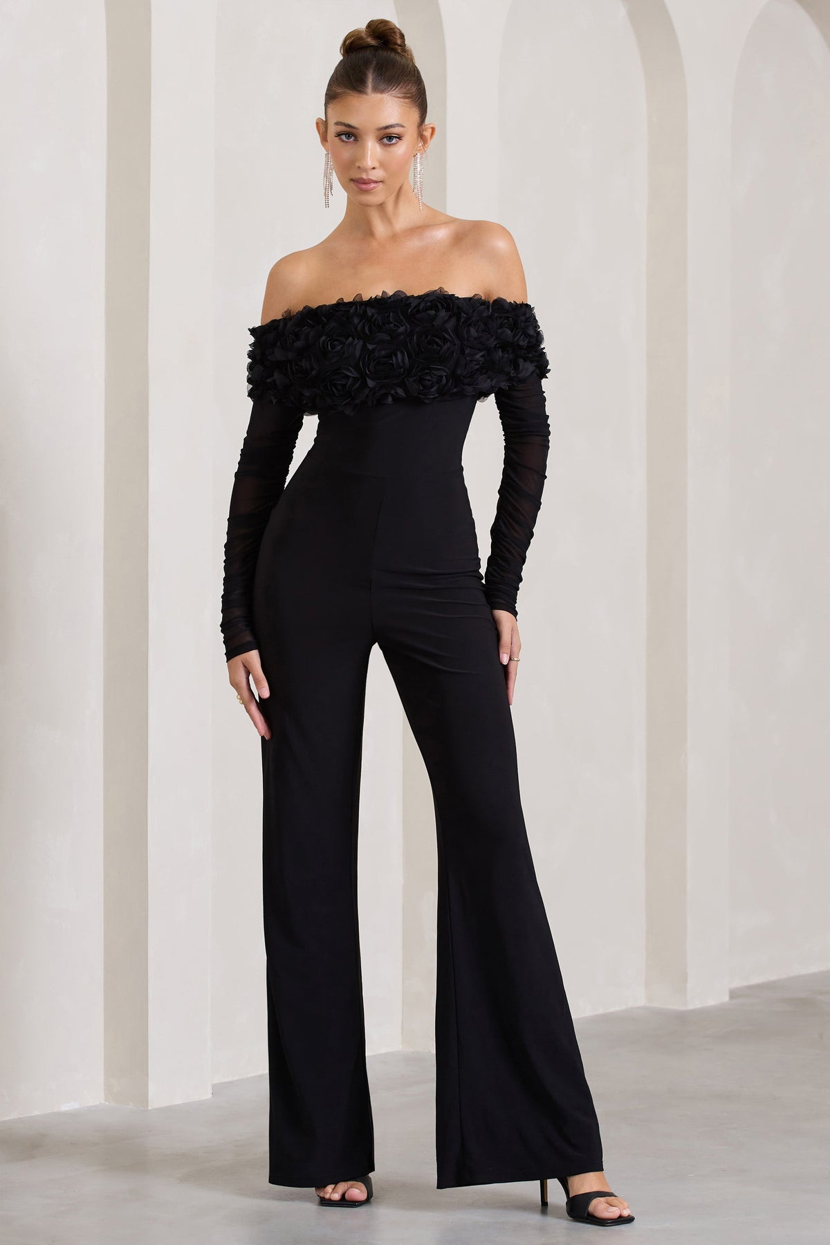 Celebrate | Black Bardot Long-Sleeved Flared-Leg Jumpsuit With Flowers