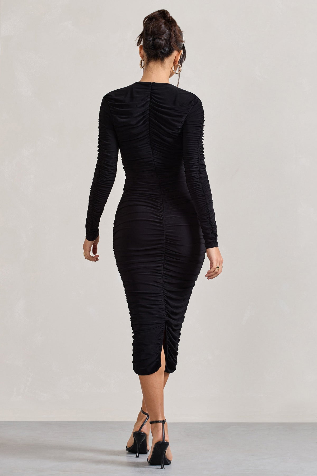 Elisabeth | Black V-Neck Long-Sleeved Midi Dress