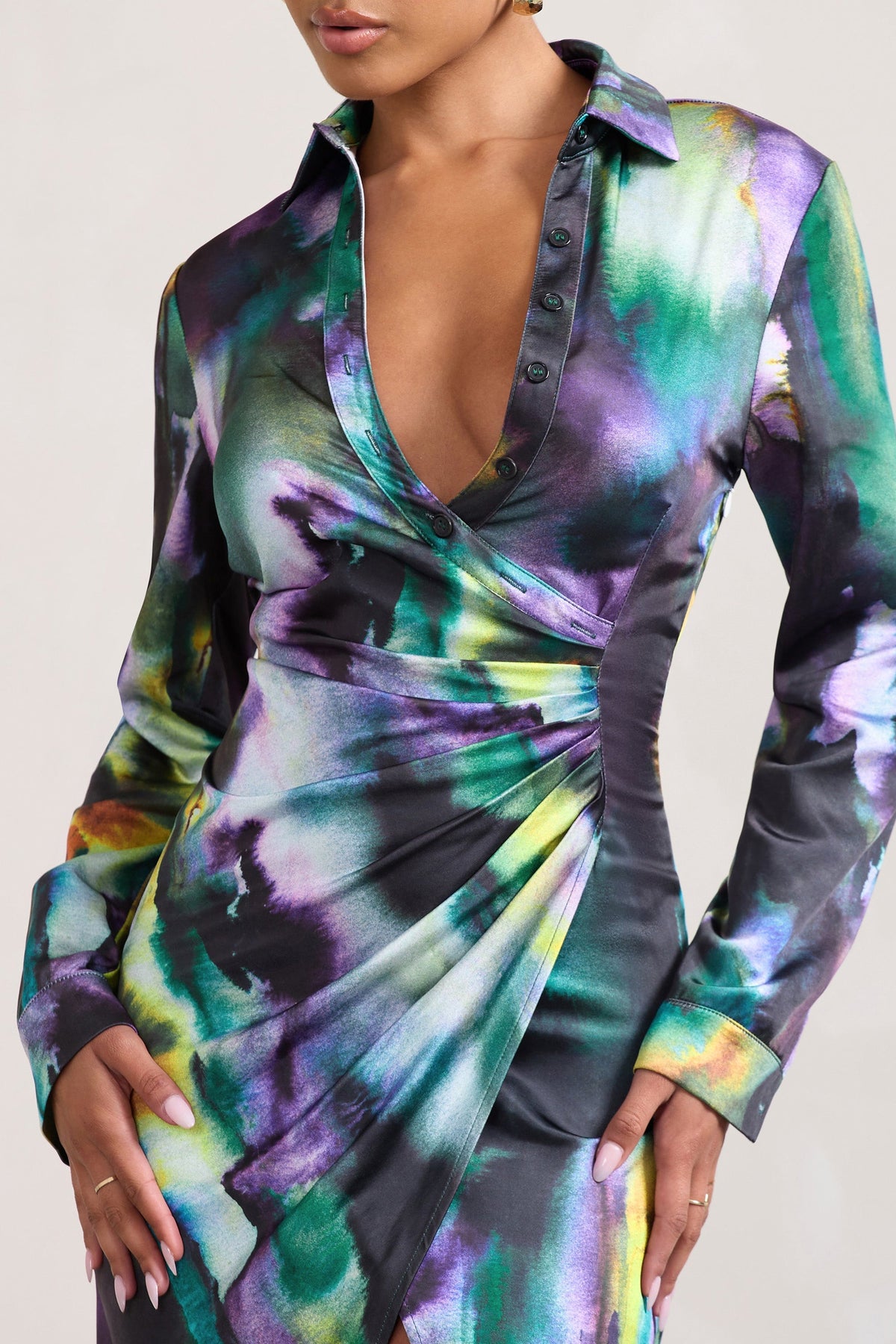 Oasis | Watercolour Print Satin Long-Sleeved Maxi Shirt Dress