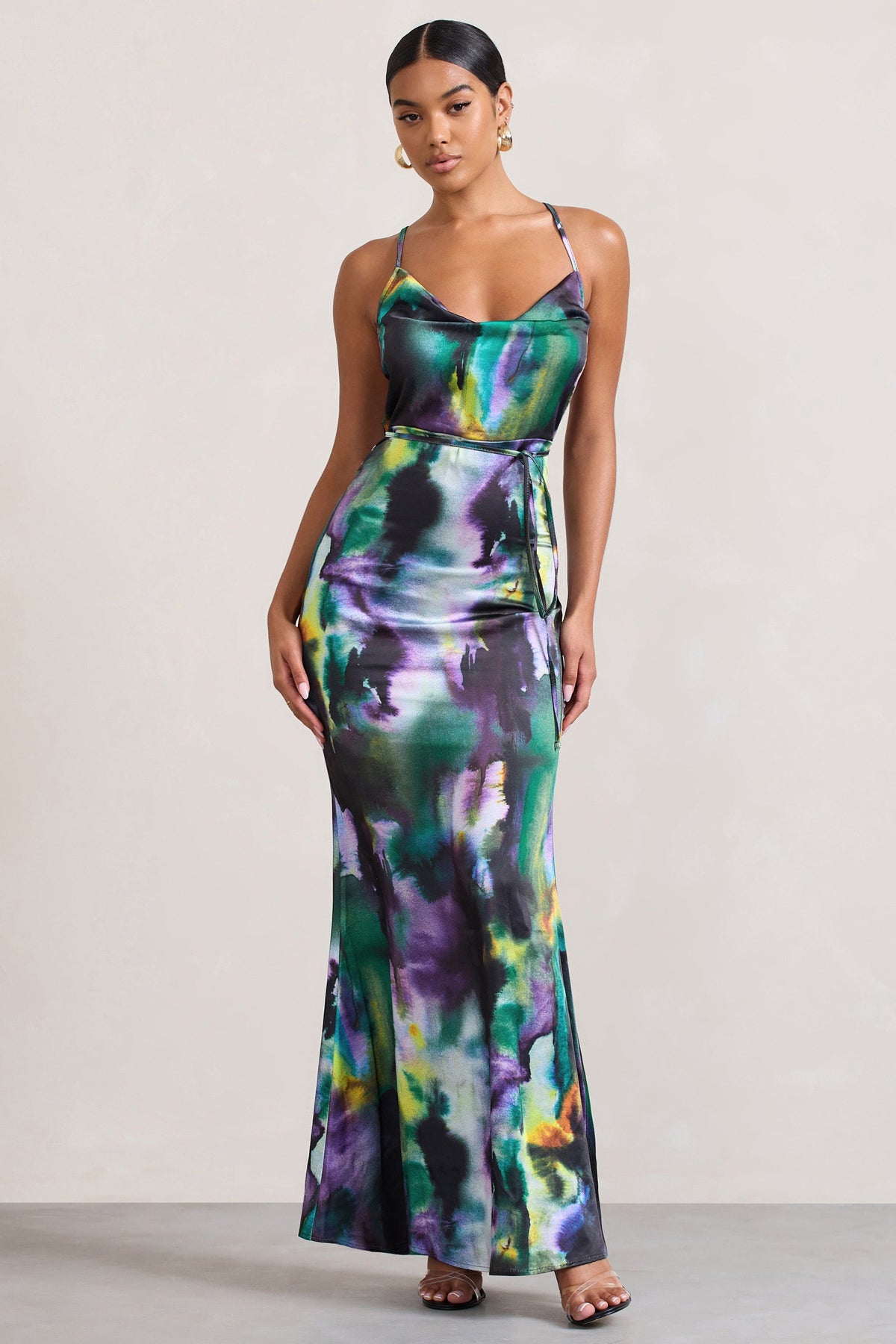 Lifetime | Watercolour Print Satin Cowl Neck Maxi Dress With Cross Back Detail