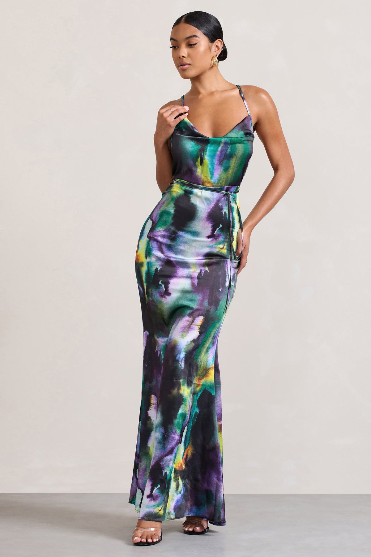 Lifetime | Watercolour Print Satin Cowl Neck Maxi Dress With Cross Back Detail