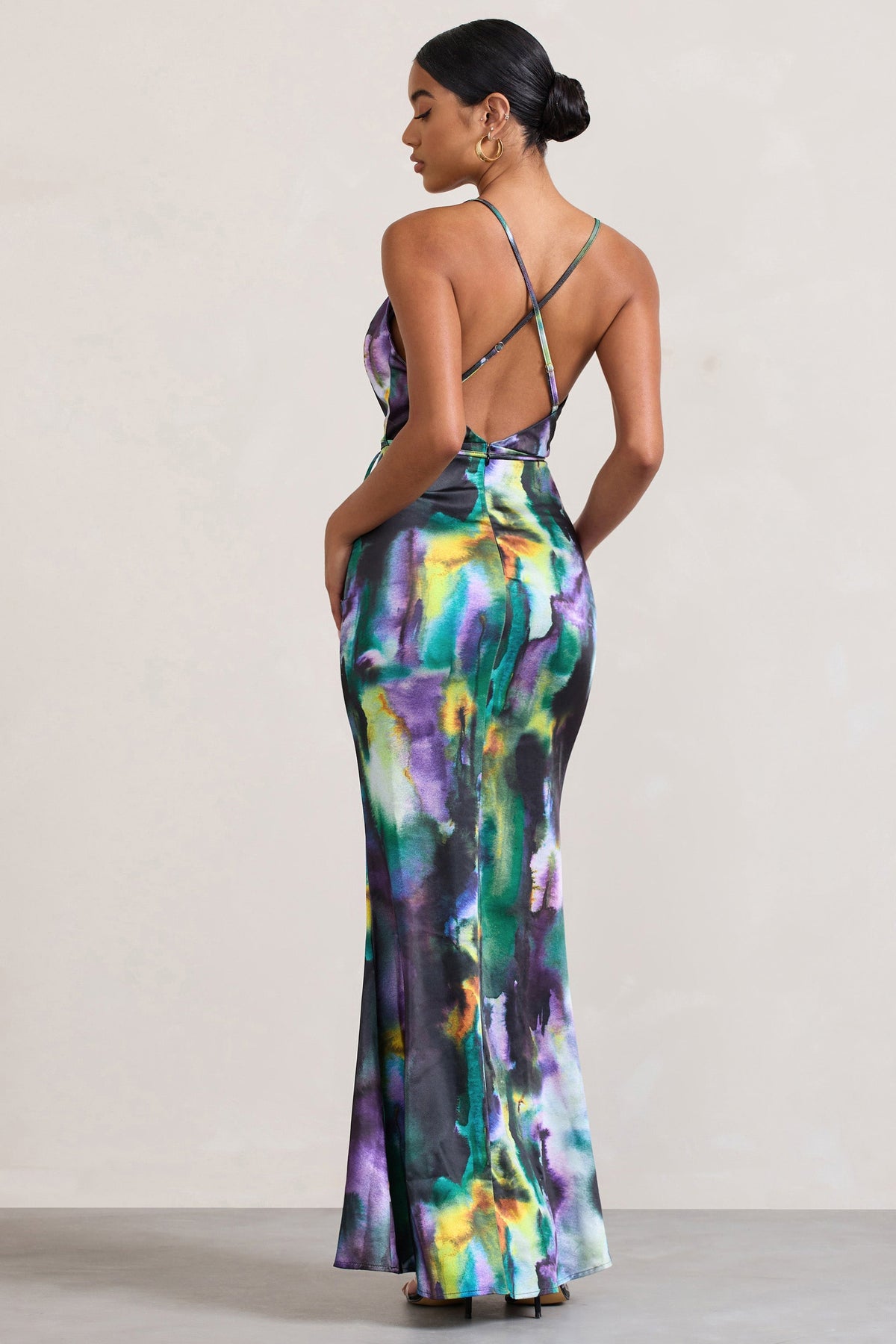 Lifetime | Watercolour Print Satin Cowl Neck Maxi Dress With Cross Back Detail