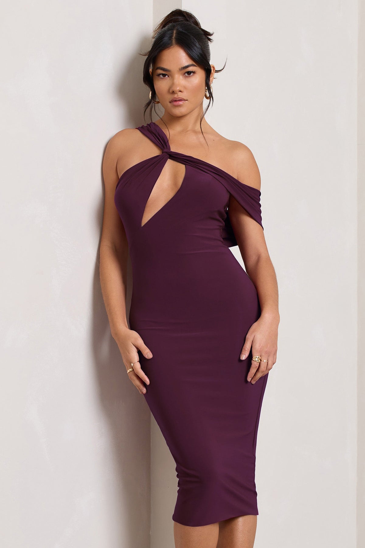 Ella | Plum Asymmetric Neck Cut Out Midi Dress