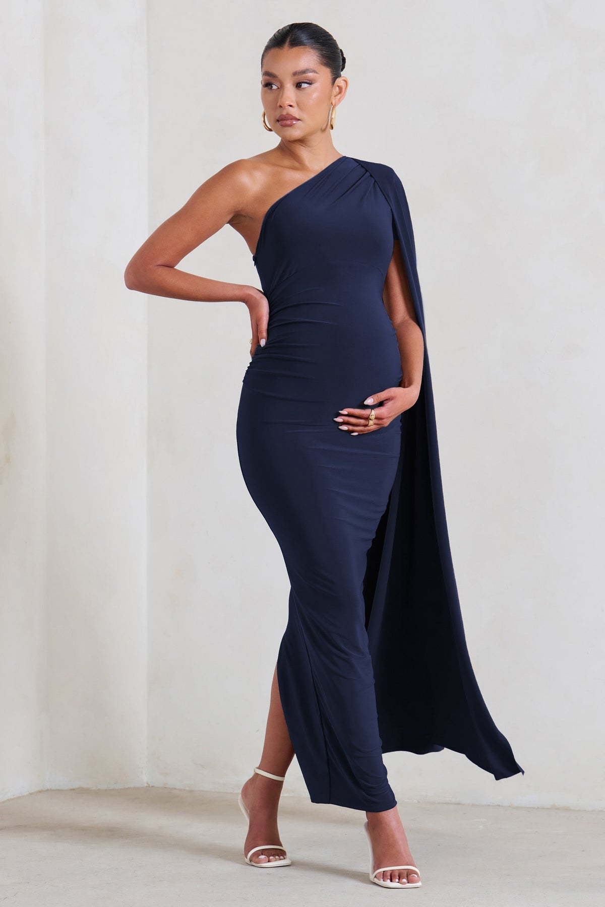 Amaryllis | Navy Maternity One Shoulder Maxi Dress with Cape Sleeve