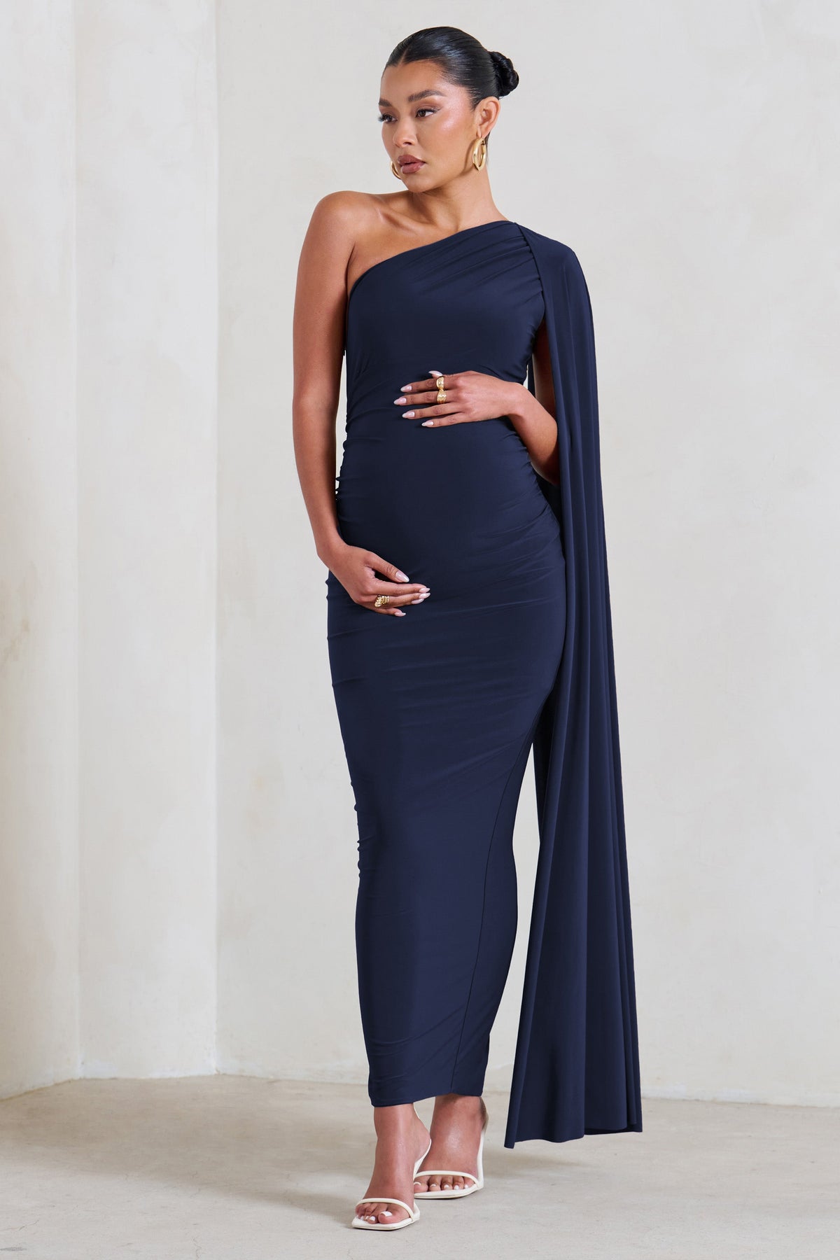 Amaryllis | Navy Maternity One Shoulder Maxi Dress with Cape Sleeve