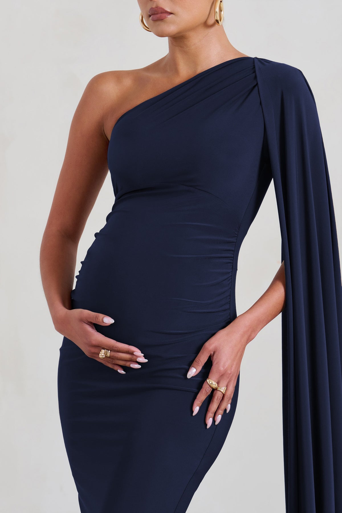 Amaryllis | Navy Maternity One Shoulder Maxi Dress with Cape Sleeve