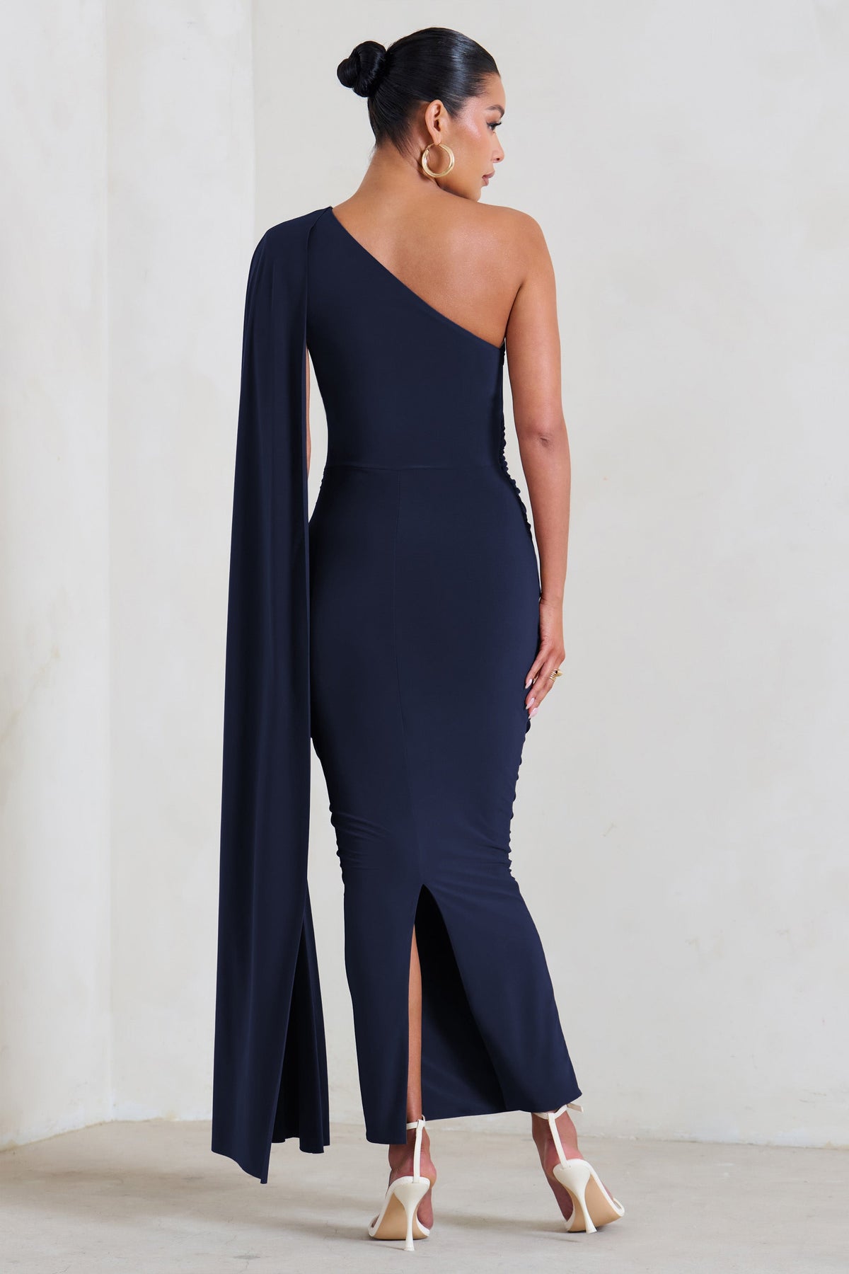 Amaryllis | Navy Maternity One Shoulder Maxi Dress with Cape Sleeve