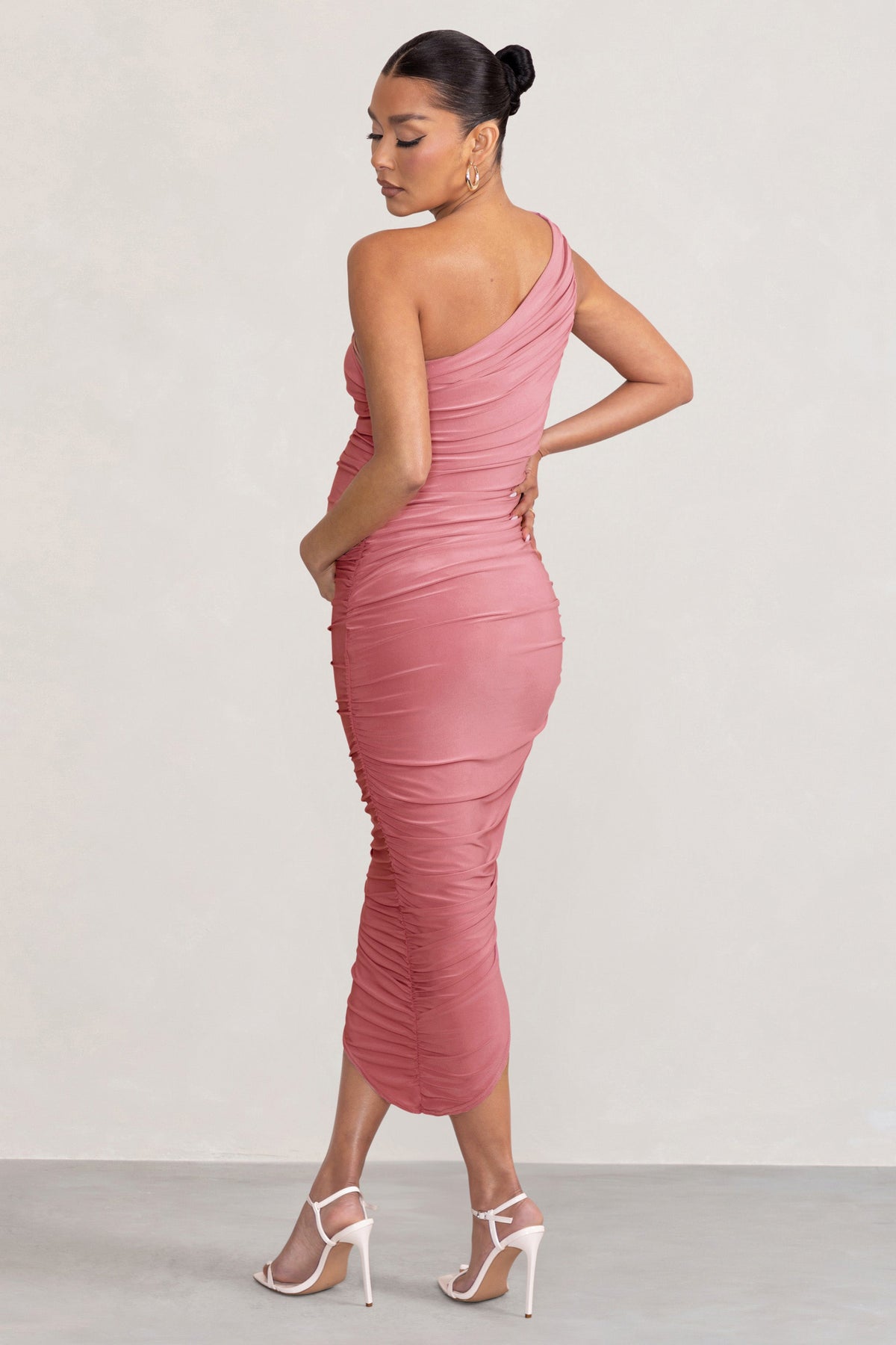Late Night Blush Pink Maternity Ruched One Shoulder Midi Dress Club L London - SA Late Night Blush Pink Maternity Ruched One Shoulder Midi Dress Club L London - SA