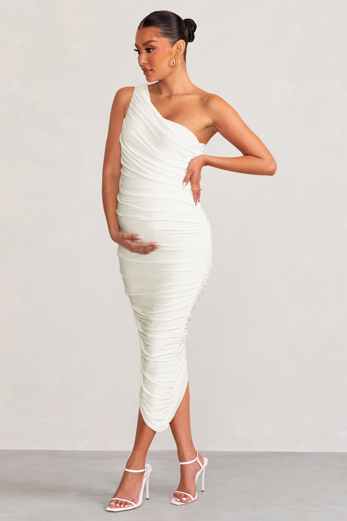 Late Night | White Maternity Ruched One Shoulder Midi Dress