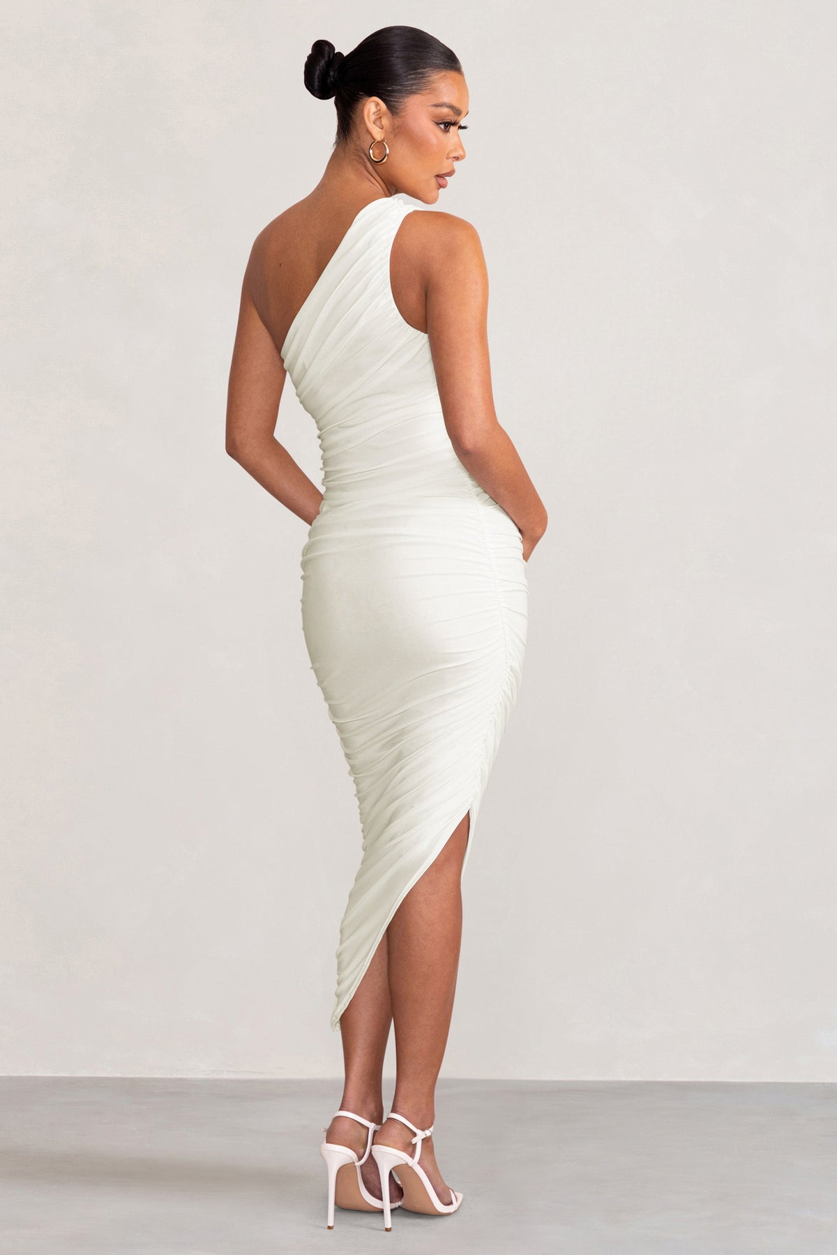 Late Night | White Maternity Ruched One Shoulder Midi Dress